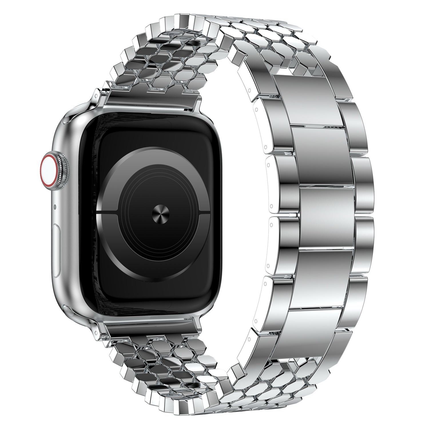 Arktisband Apple Watch Edelstahl Armband "Polaris": Silbernes, verstellbares Metallarmband für optimalen Tragekomfort, am Handgelenk an einer Apple Watch aus seitlicher Perspektive gezeigt.