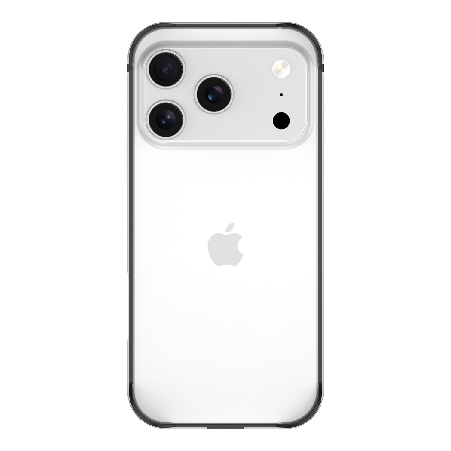 Der arktis iPhone 17 Pro Max Bumper von arktis, abgebildet auf einem weißen iPhone mit drei Kameras und Apple-Logo, bietet ultraleichten Schutz und Displayschutz.