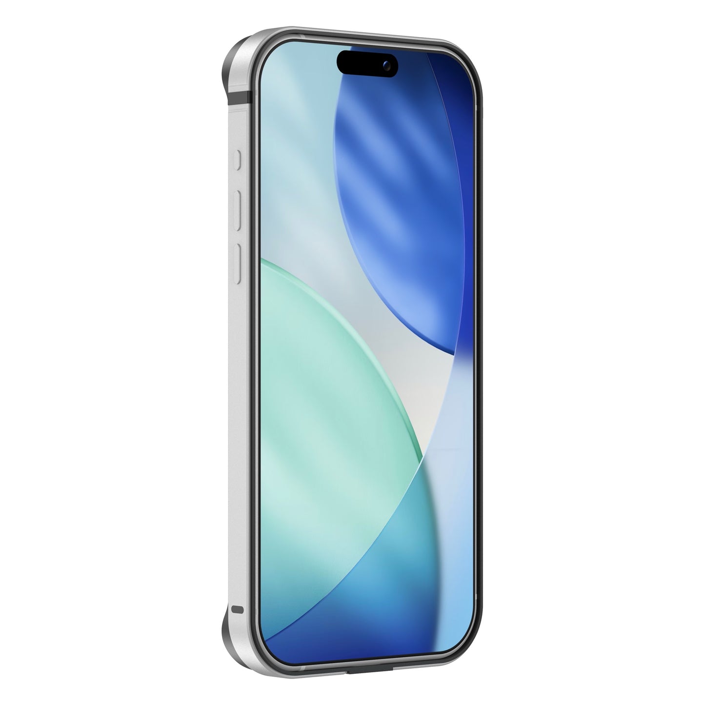 Der arktis iPhone 17 Pro Max Bumper von arktis verfügt über einen silbernen Rahmen, ein abstraktes blau-grünes Hintergrundbild und eine Aluminium TPU Schutzhülle für zusätzlichen Schutz - vollständig kompatibel mit kabellosem Laden.