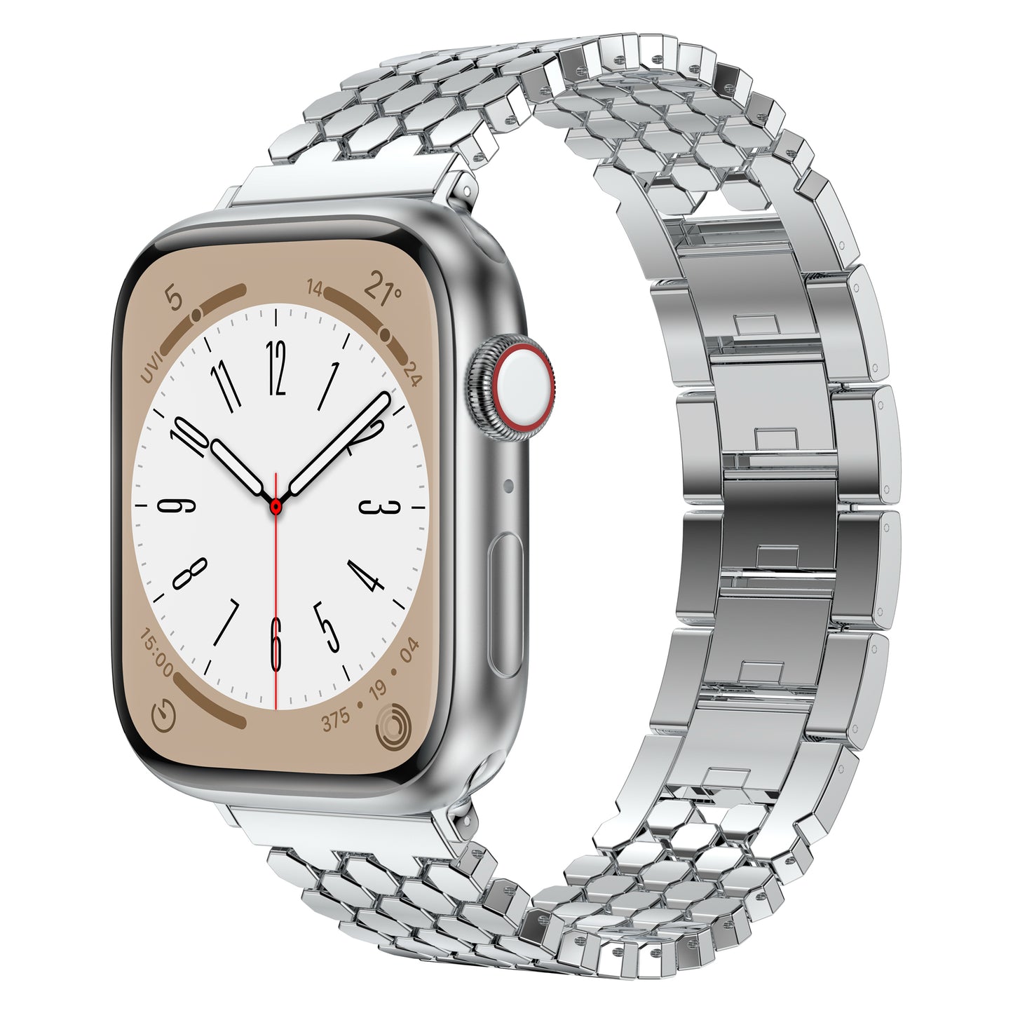Das arktisband Apple Watch Edelstahl Armband "Polaris" ist ein verstellbares Metallgliederarmband von arktisband und zeigt ein analoges Zifferblatt mit schwarzen Zeigern und Zahlen.