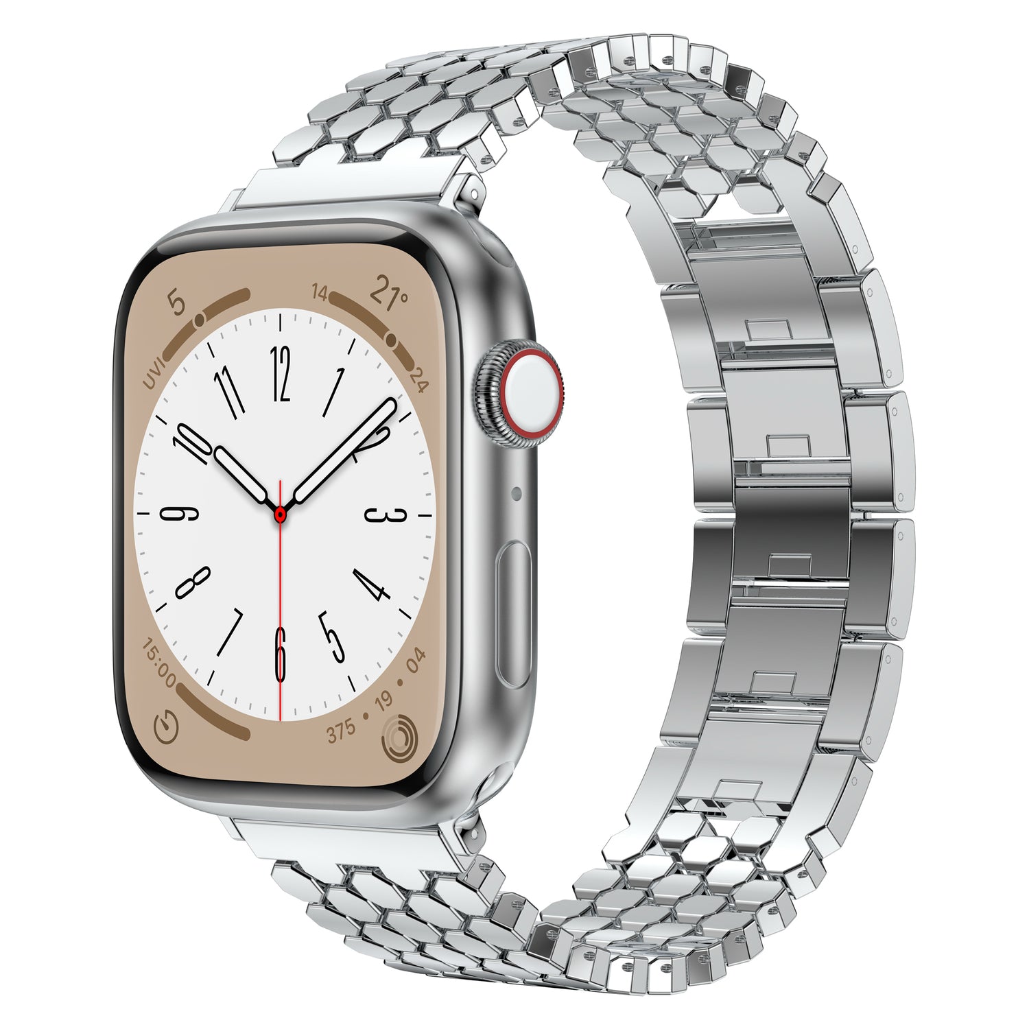 Das arktisband Apple Watch Edelstahl Armband "Polaris" ist ein verstellbares Metallgliederarmband von arktisband und zeigt ein analoges Zifferblatt mit schwarzen Zeigern und Zahlen.