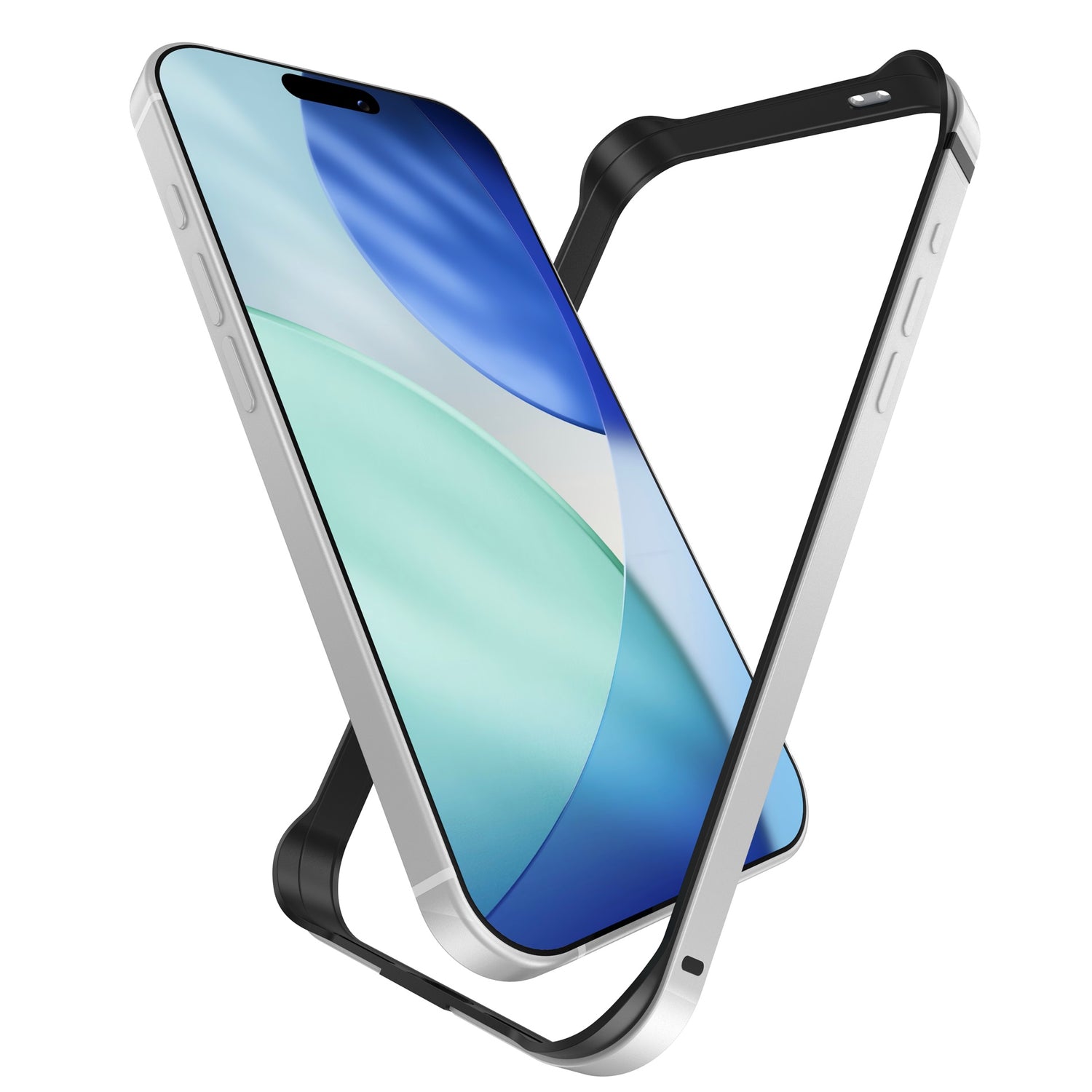 Ein Smartphone mit blau-grünem Bildschirm und ultraleichtem Displayschutz wird neben dem arktis iPhone 17 Pro Max Bumper von arktis, einer schwarzen Aluminium TPU Silikon Hülle, gezeigt, beide schweben auf weißem Hintergrund.