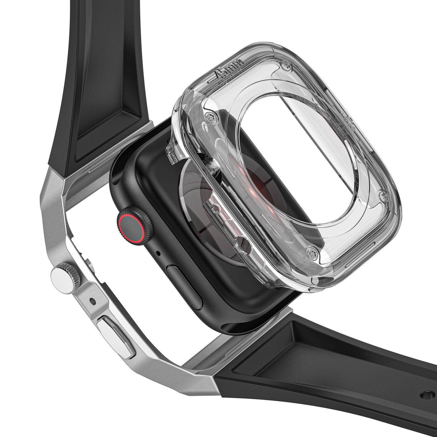 Gezeigt wird ein arktisband Apple Watch Armband "Metal Fusion" mit einem durchsichtigen Kunststoffgehäuse, das auf einer schwarzen Smartwatch mit schwarzem Band und einer rot akzentuierten Krone angebracht ist.
