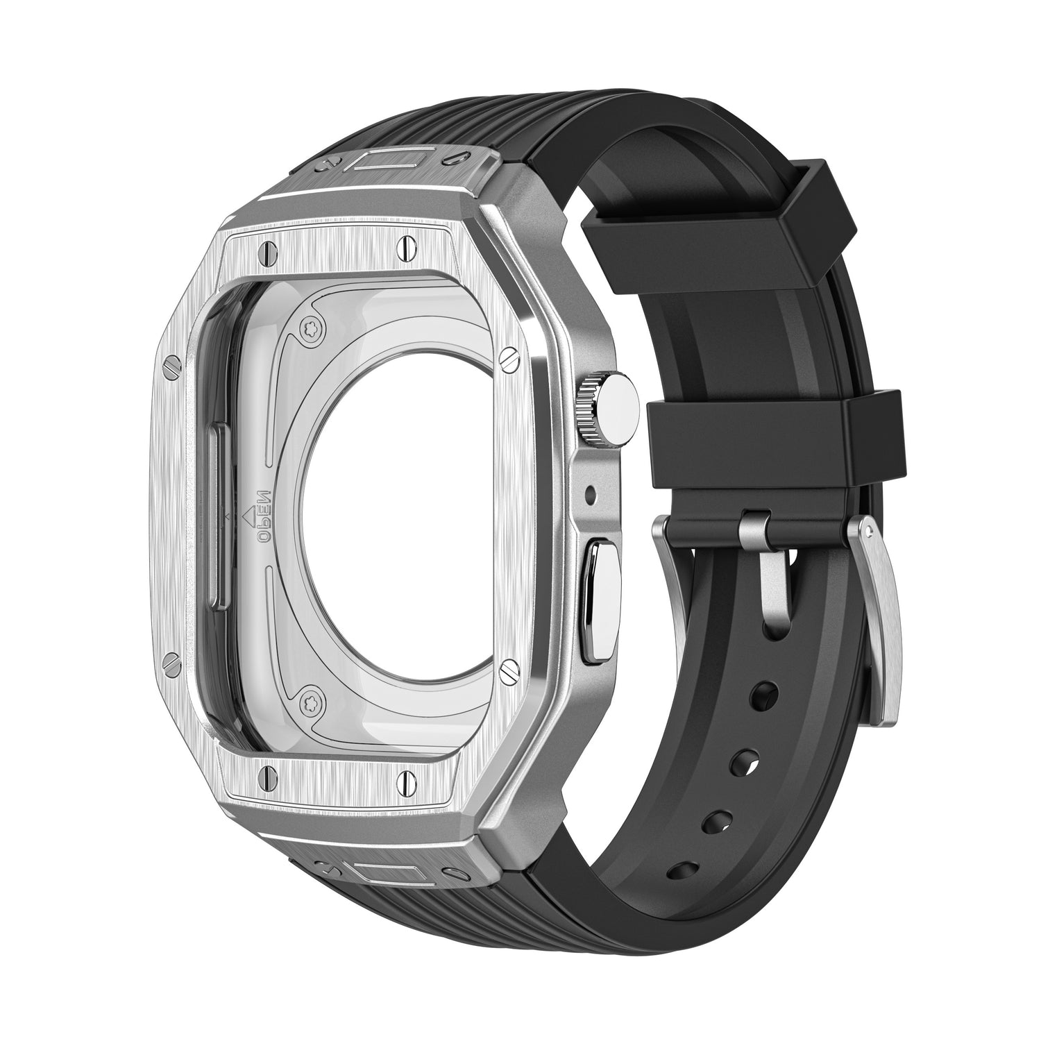Das arktisband Apple Watch Armband "Metal Fusion" von arktisband hat ein silbernes und schwarzes, leeres Uhrengehäuse mit quadratischer Lünette und ein schwarzes Gummiarmband.