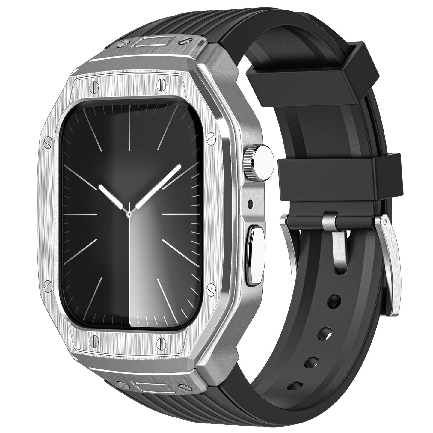 Das arktisband Apple Watch Armband "Metal Fusion" von arktisband besteht aus einer silbernen Smartwatch mit schwarzem Band und rechteckigem Zifferblatt, das die Uhrzeit auf einem schwarzen Analogzifferblatt anzeigt.
