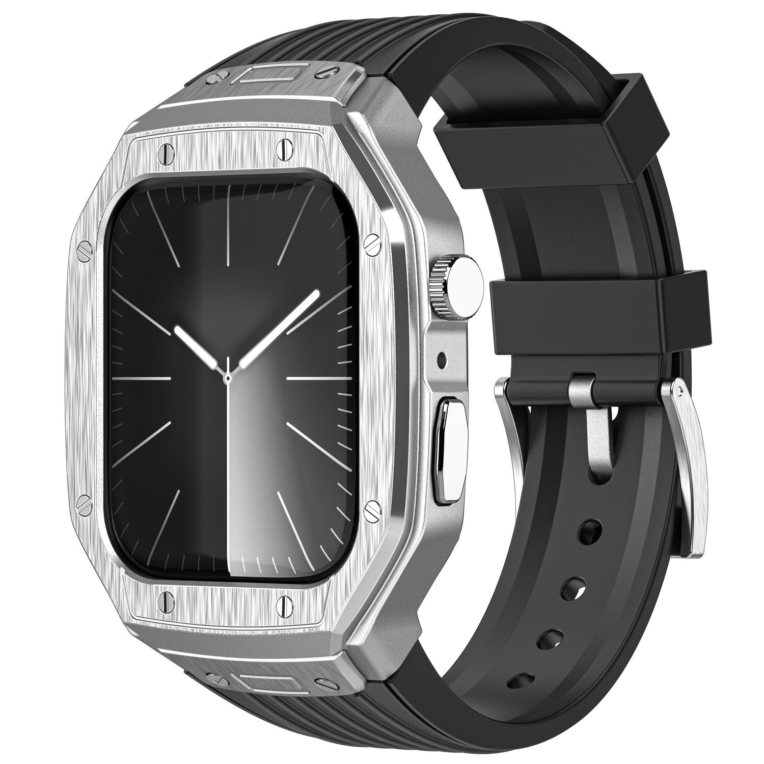 Das arktisband Apple Watch Armband "Metal Fusion" von arktisband besteht aus einer silbernen Smartwatch mit schwarzem Band und rechteckigem Zifferblatt, das die Uhrzeit auf einem schwarzen Analogzifferblatt anzeigt.