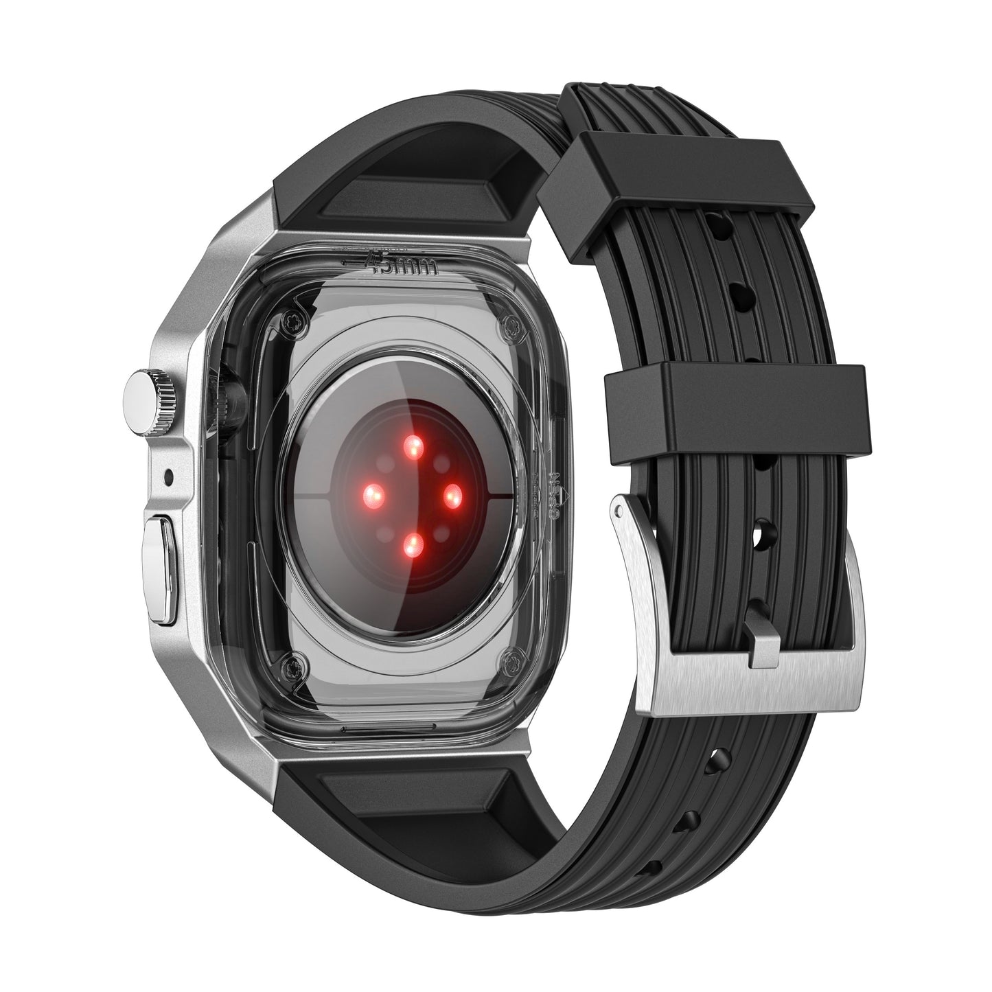Das arktisband Apple Watch Armband "Metal Fusion" von arktisband verfügt über ein schwarzes Armband, das die rot leuchtenden Sensorleuchten auf der Rückseite der Smartwatch hervorhebt.