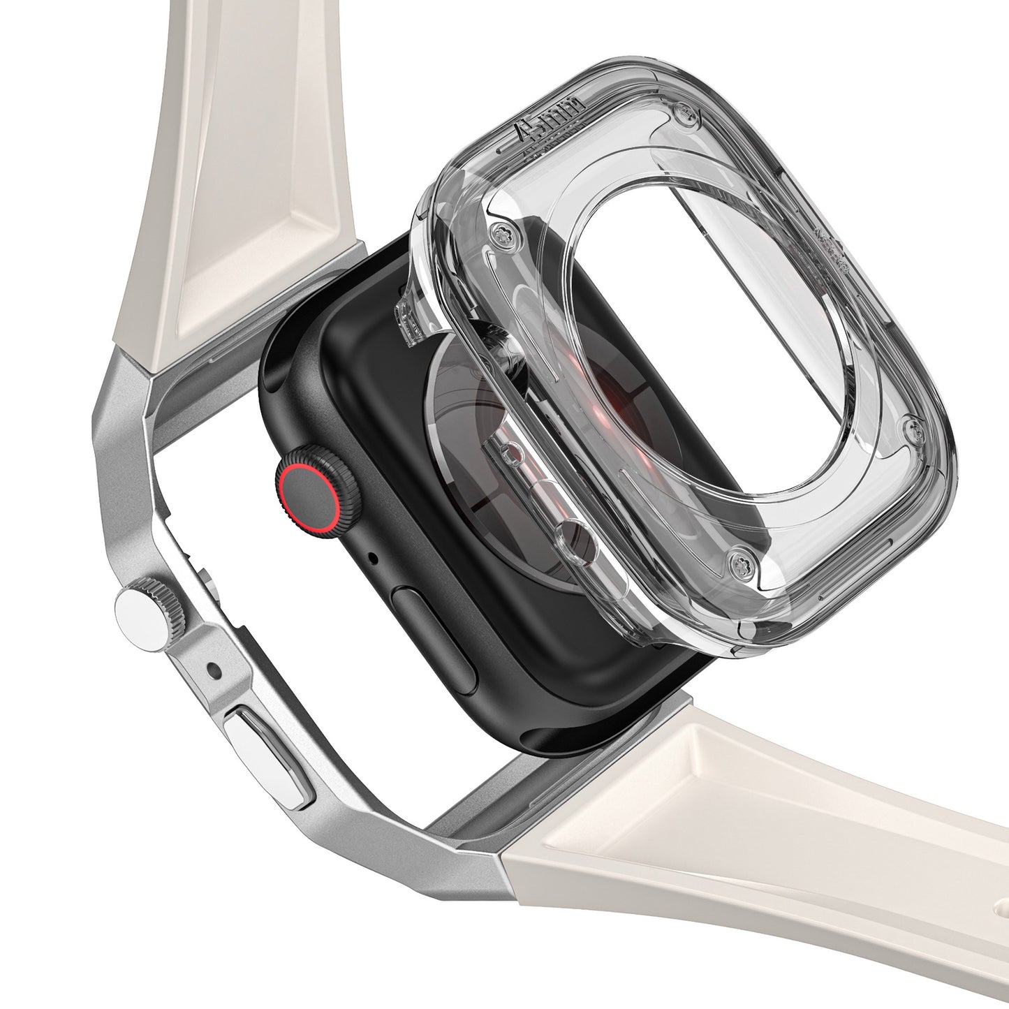 Eine durchsichtige Schutzhülle wird auf eine arktisband Apple Watch Armband "Metal Fusion" Smartwatch von arktisband mit einem hellen Band gelegt.