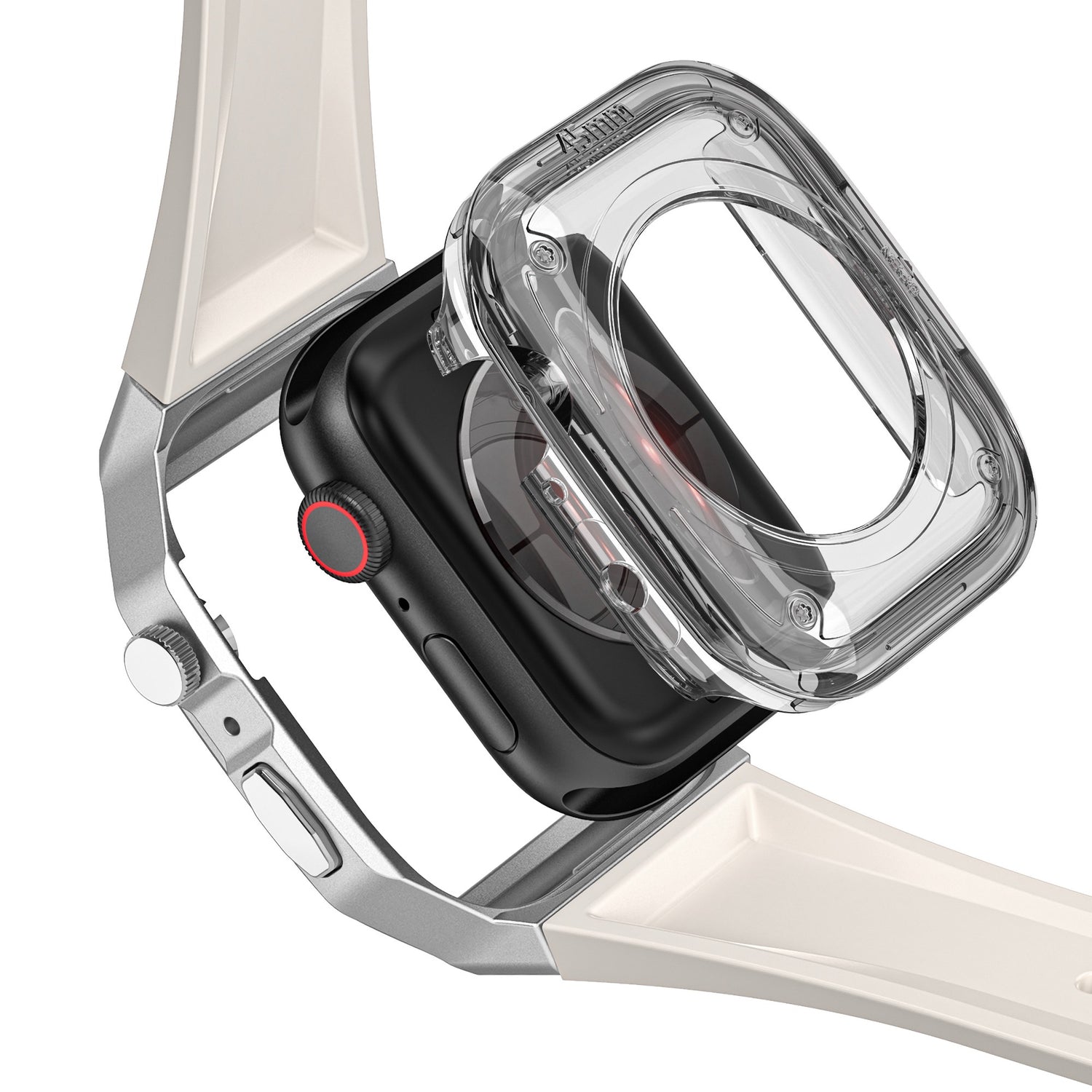 Eine durchsichtige Schutzhülle wird auf eine arktisband Apple Watch Armband "Metal Fusion" Smartwatch von arktisband mit einem hellen Band gelegt.