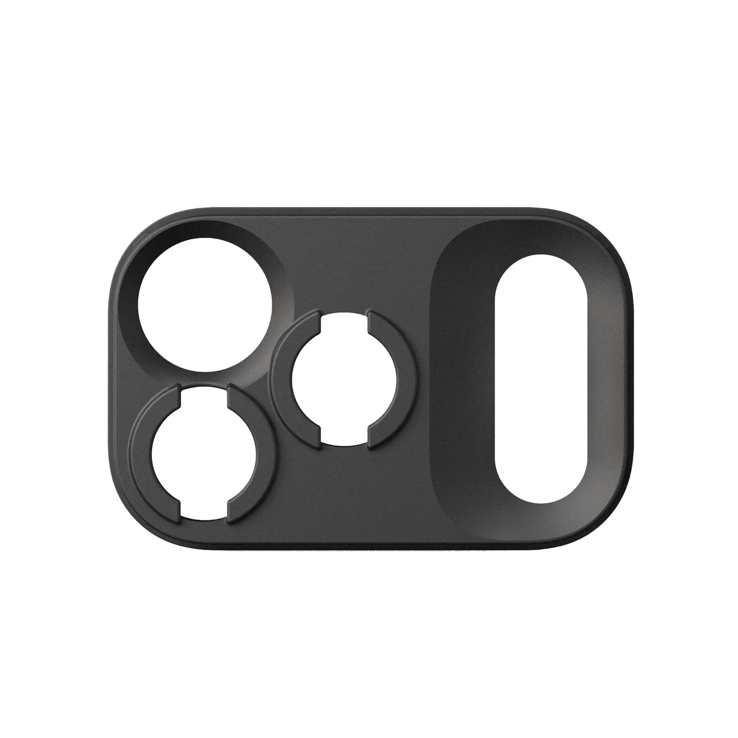 Die MOMENT iPhone 17 Pro SmartAlign Drop-in Lens Mount T-Series ist ein schwarzer, rechteckiger Objektivschutz mit vier Aussparungen für Telefonobjektive und Blitz, kompatibel mit Objektivhalterung, abgebildet von oben.
