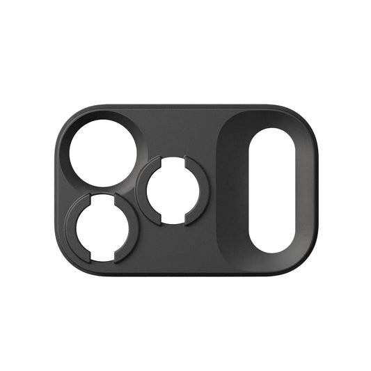 Die MOMENT iPhone 17 Pro SmartAlign Drop-in Lens Mount T-Series ist ein schwarzer, rechteckiger Objektivschutz mit vier Aussparungen für Telefonobjektive und Blitz, kompatibel mit Objektivhalterung, abgebildet von oben.