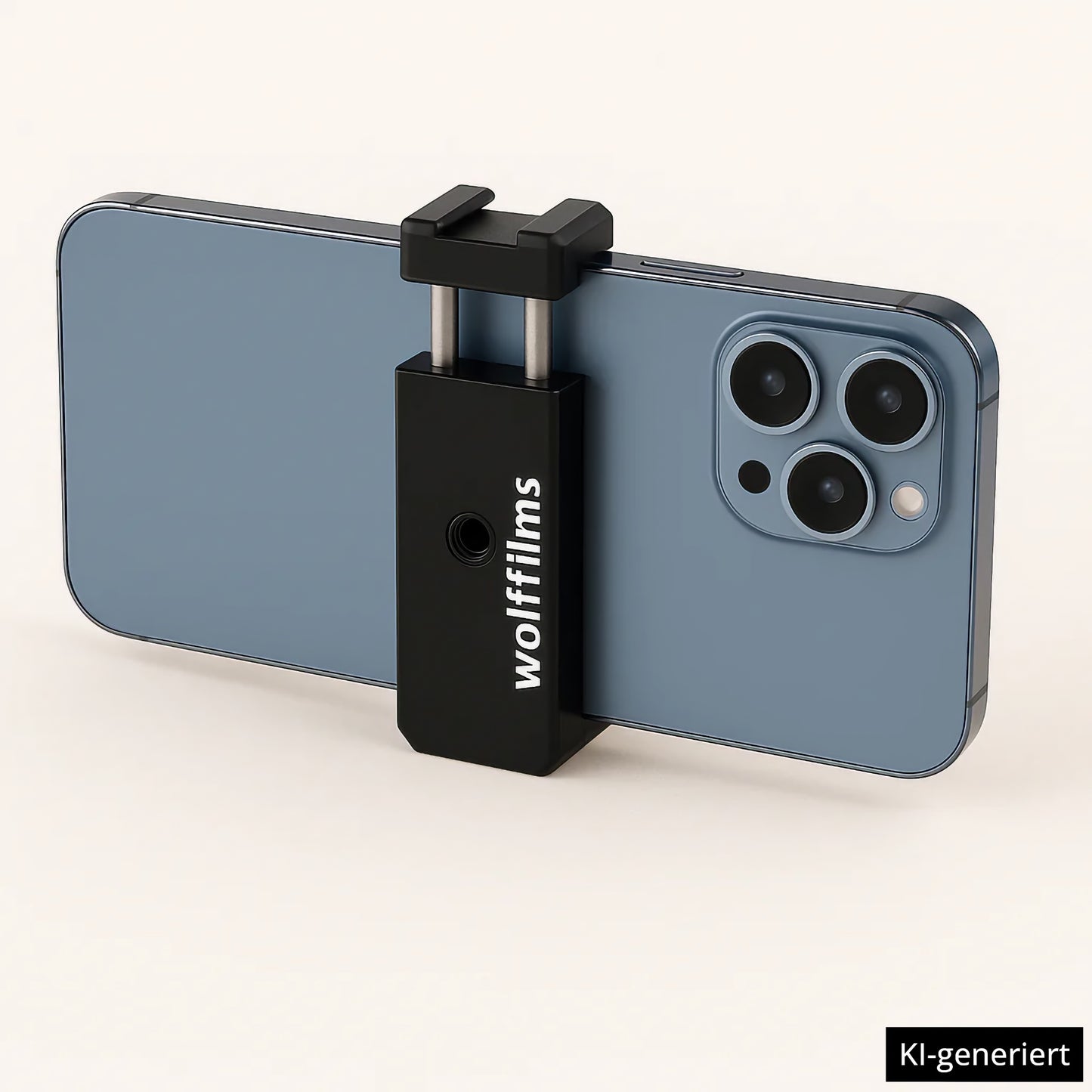 Ein Smartphone sitzt sicher in der Wolffilms Smartphone Universal Halterung von Wolffilms, montiert vor einem schlichten beigen Hintergrund.  KI-generiert.