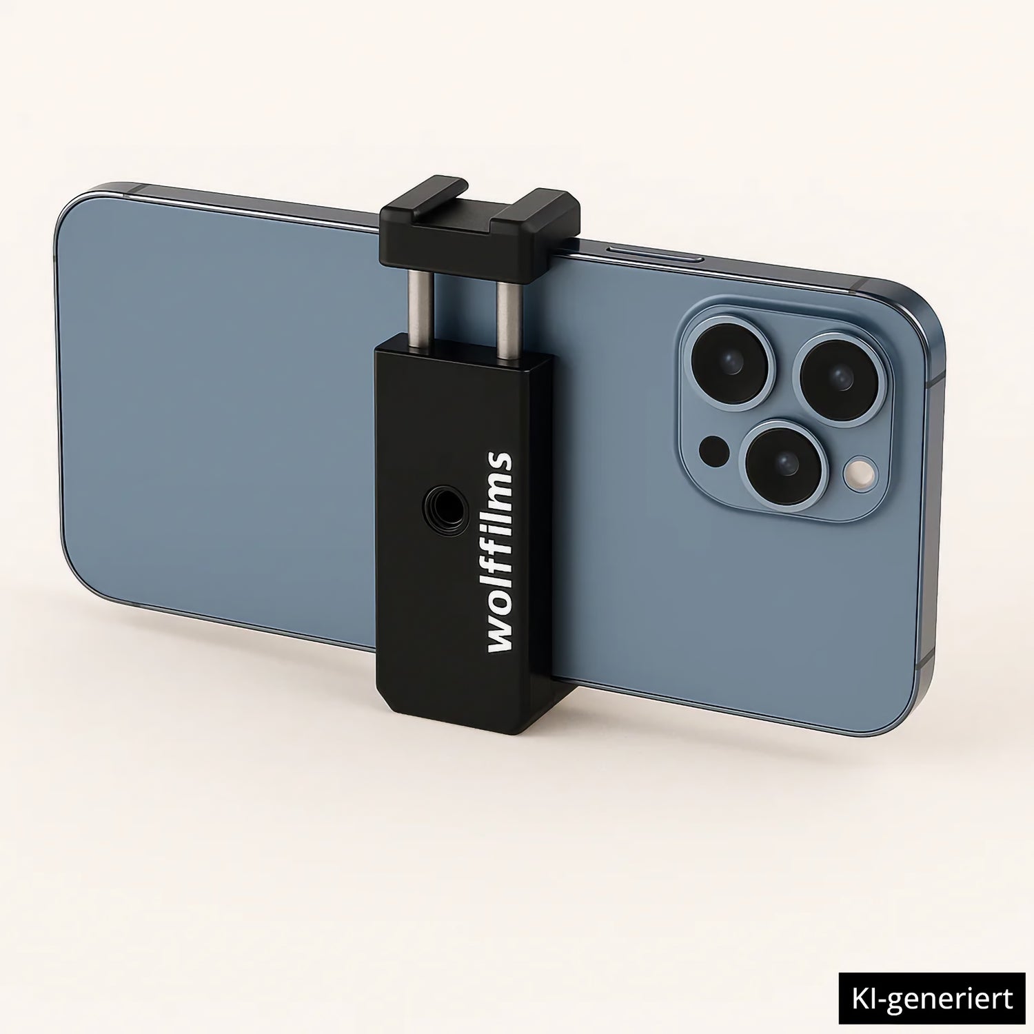 Ein Smartphone sitzt sicher in der Wolffilms Smartphone Universal Halterung von Wolffilms, montiert vor einem schlichten beigen Hintergrund.  KI-generiert.