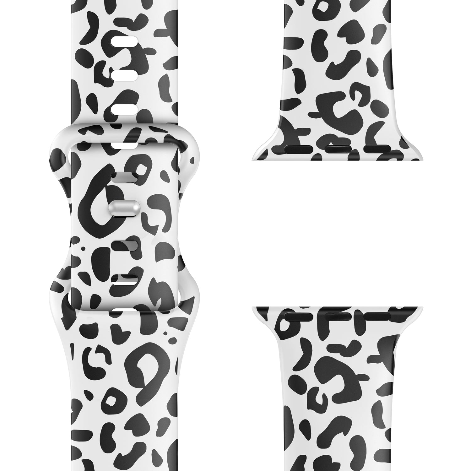 Weiße Smartwatch-Bänder mit schwarzem und grauem Leoparden-Print, gezeigt aus verschiedenen Blickwinkeln. Das arktisband EDITION für Apple Watch von arktisband ist ein hochwertiges Silikon-Sportband, das sich perfekt als Accessoire für die Apple Watch eignet.