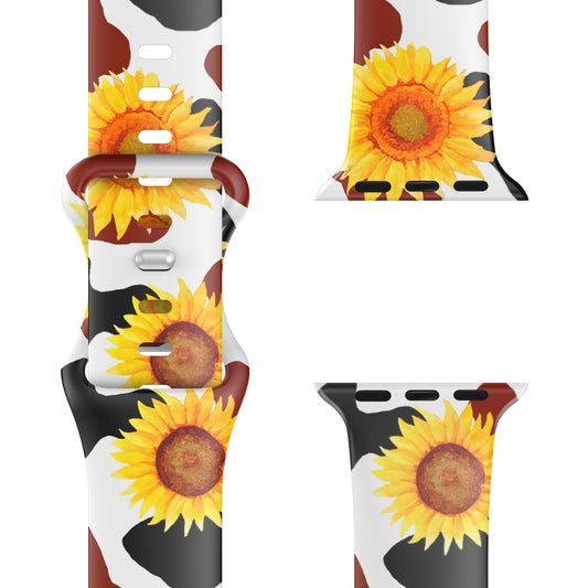 Das arktisband Sunflower Apple Watch Armband mit Kuh-Print und leuchtend gelben Sonnenblumen auf weißem Grund ist aus strapazierfähigem Silikon gefertigt - perfekt für stylische Outfits und Sport. Kompatibel mit Apple Watch.
