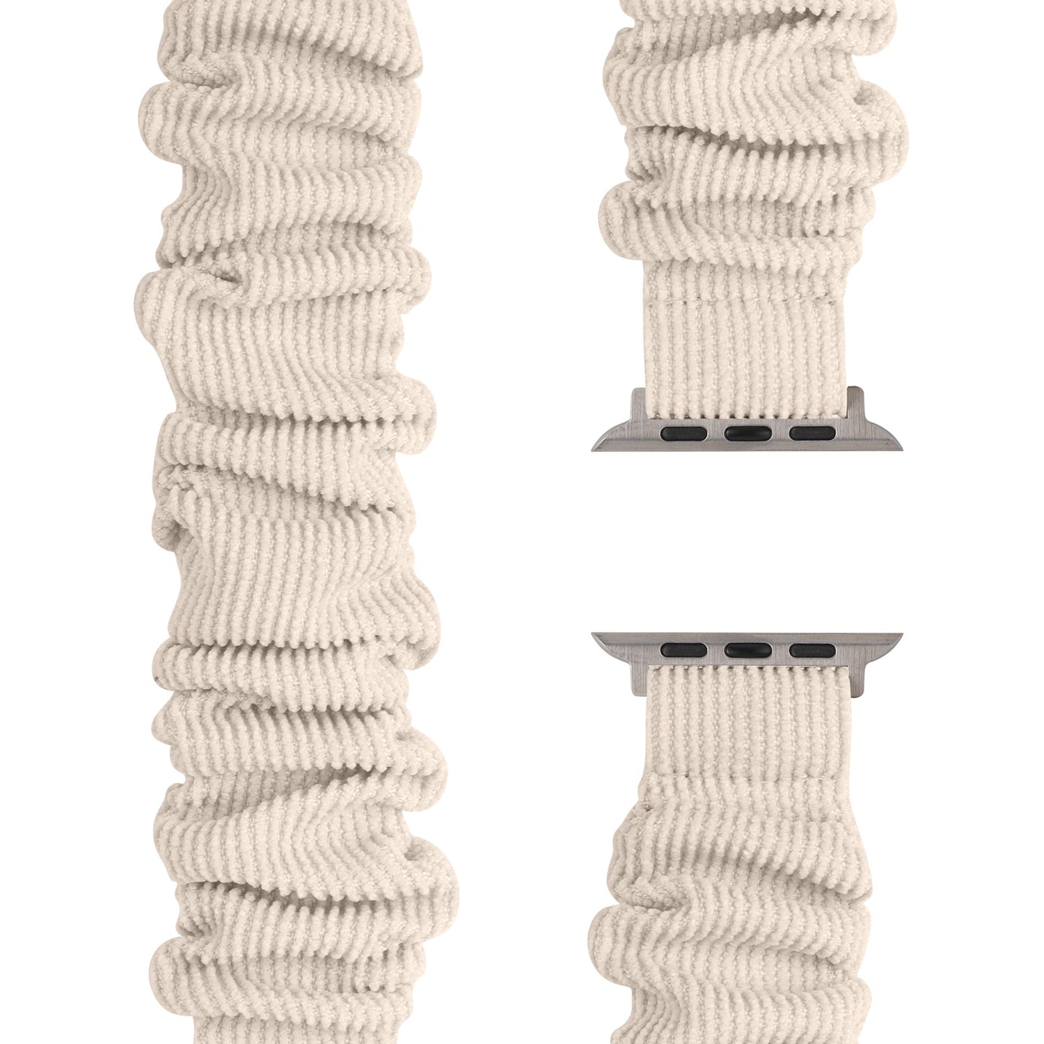 Das arktisband Apple Watch Cord Scrunchie Armband "Elanora" ist ein cremefarbenes, elastisches Band mit Metalladaptern - ein modisches Accessoire von arktisband, das stilvollen Komfort für Ihre Smartwatch bietet.