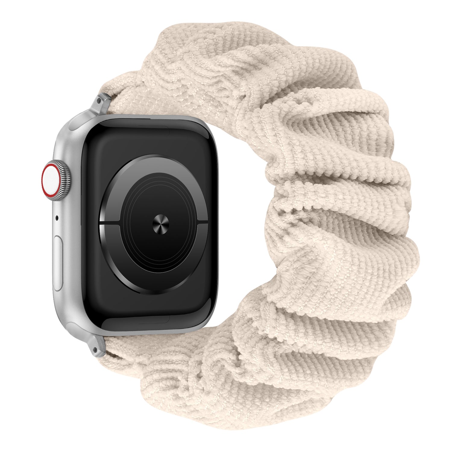 Das arktisband Apple Watch Cord Scrunchie Armband "Elanora" hat ein silbernes Gehäuse und ein strukturiertes, cremefarbenes, elastisches Band im Scrunchie-Stil von arktisband.