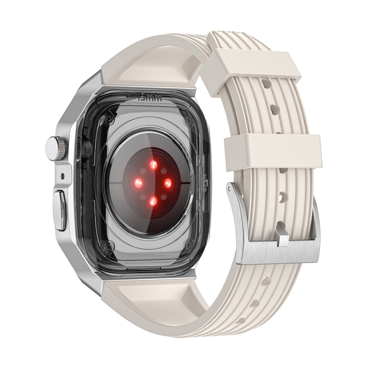 Das arktisband Apple Watch Armband "Metal Fusion" hat ein beiges Band mit sichtbaren Sensoren und roten LED-Leuchten auf der Rückseite des Gehäuses.