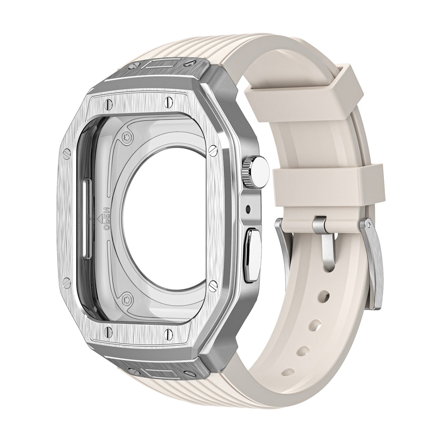 Das arktisband Apple Watch Armband "Metal Fusion" hat ein silbernes Gehäuse und ein beiges Silikonarmband für ein rechteckiges Gerät, das auf einem weißen Hintergrund dargestellt wird.