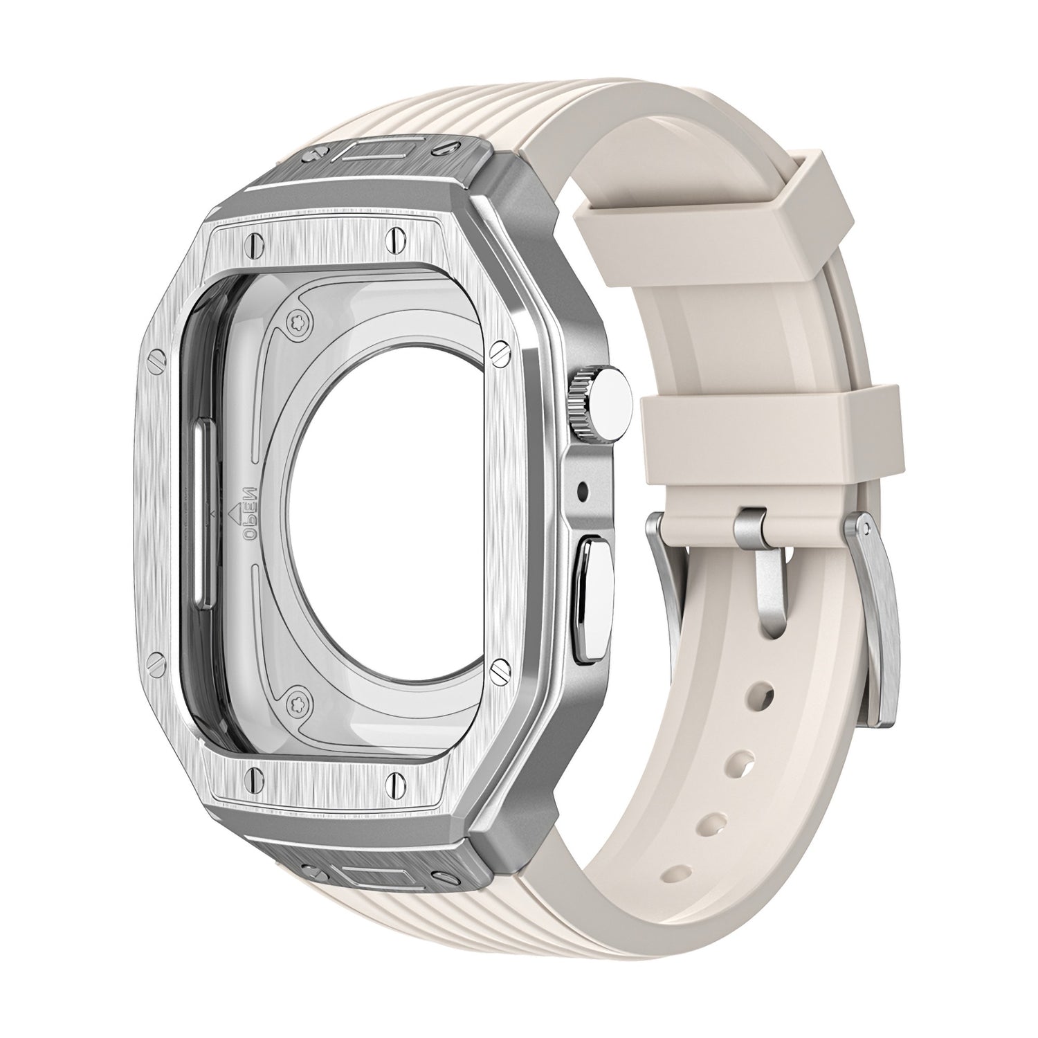 Das arktisband Apple Watch Armband "Metal Fusion" hat ein silbernes Gehäuse und ein beiges Silikonarmband für ein rechteckiges Gerät, das auf einem weißen Hintergrund dargestellt wird.