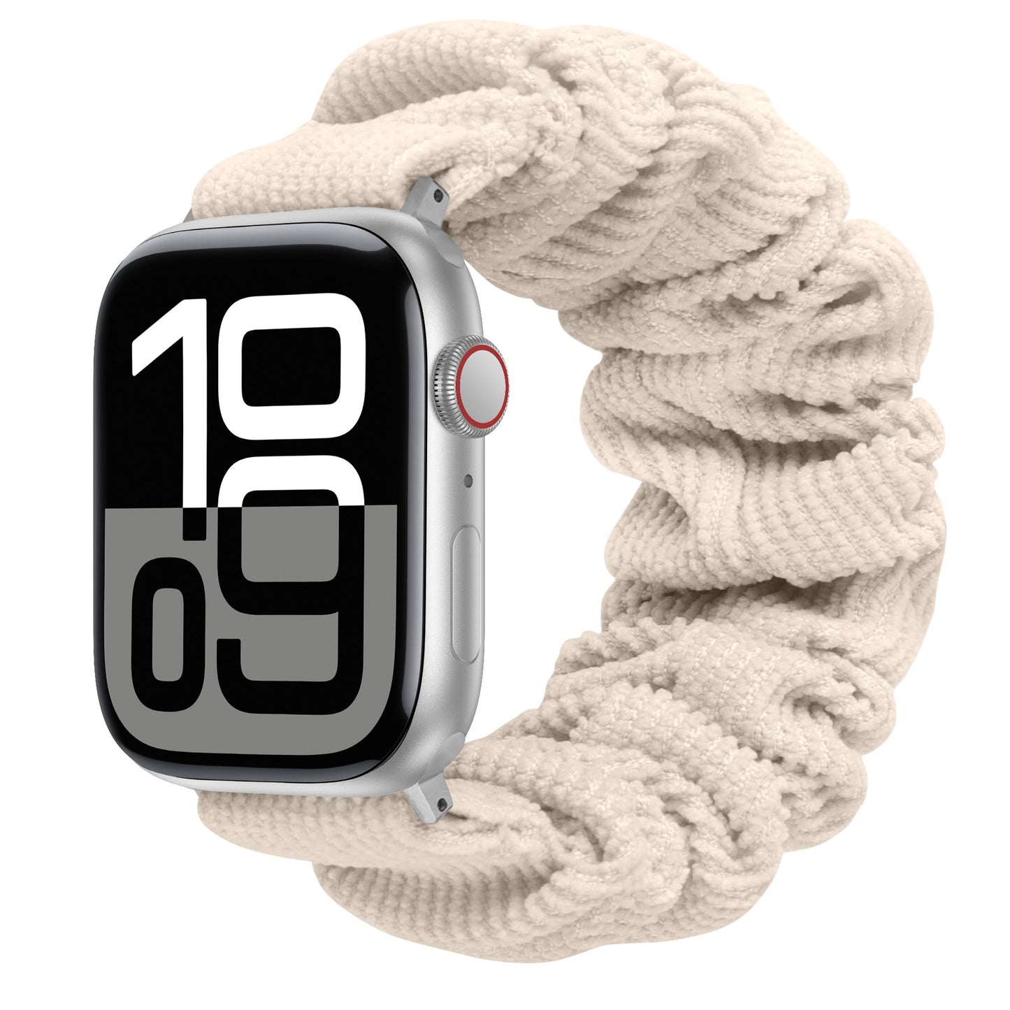 Das arktisband Apple Watch Cord Scrunchie Armband "Elanora" ist ein silbernes Smartwatch-Accessoire mit einem großen digitalen Display und einem strukturierten, cremefarbenen Scrunchie-Band für Komfort und Stil.
