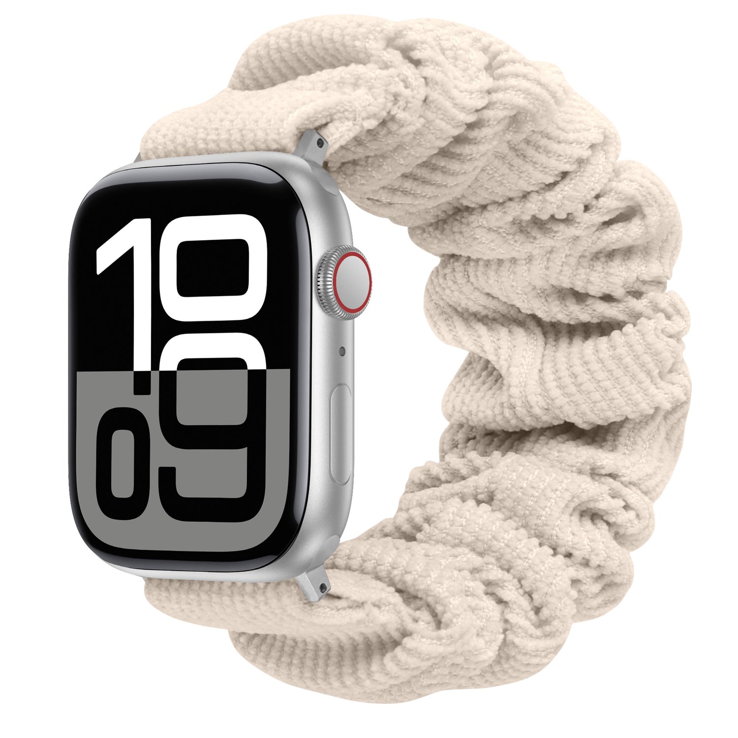 Das arktisband Apple Watch Cord Scrunchie Armband "Elanora" ist ein silbernes Smartwatch-Accessoire mit einem großen digitalen Display und einem strukturierten, cremefarbenen Scrunchie-Band für Komfort und Stil.