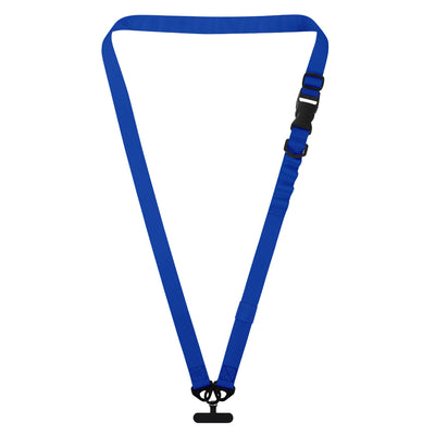 Das arktis Smartphone-Gurtband-Lanyard von arktis verfügt über ein blaues Trendfarben-Design, einen verstellbaren Riemen und einen 1-Klick-Verschluss aus schwarzem Kunststoff – flach in Dreiecksform auf weißem Hintergrund dargestellt, ideal zum sicheren Tragen Ihres Smartphones.