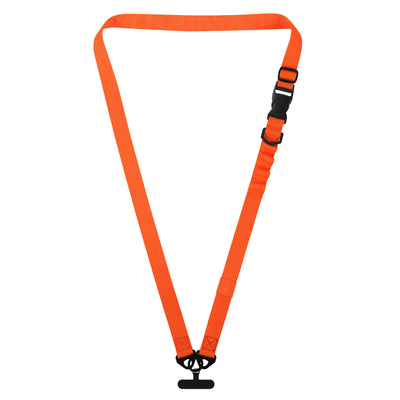 Das arktis Smartphone-Gurtband-Lanyard von arktis ist ein orangefarbenes, verstellbares Lanyard mit einem schwarzen Kunststoffclip und einer Schnalle sowie einem 1-Klick-Verschluss für eine einfache Verwendung auf weißem Hintergrund.