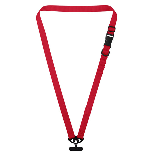 Das arktis Smartphone-Gurtband-Lanyard von arktis verfügt über einen roten, verstellbaren Riemen, eine schwarze Kunststoff-Schnalle mit 1-Klick-Verschluss und seitlicher Entriegelung sowie einen schwarzen Befestigungsclip, alles auf weißem Hintergrund.