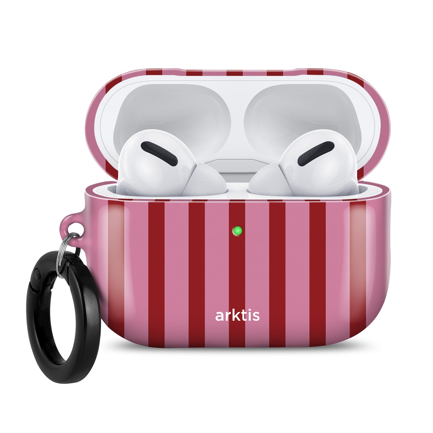 Die „Arktis AirPods Pro 3 Hülle – Stripes“ von arktis ist mit rosa und roten Streifen verziert, unterstützt kabelloses Laden, wird inklusive der Ohrhörer geliefert und enthält einen schwarzen Schlüsselanhänger.