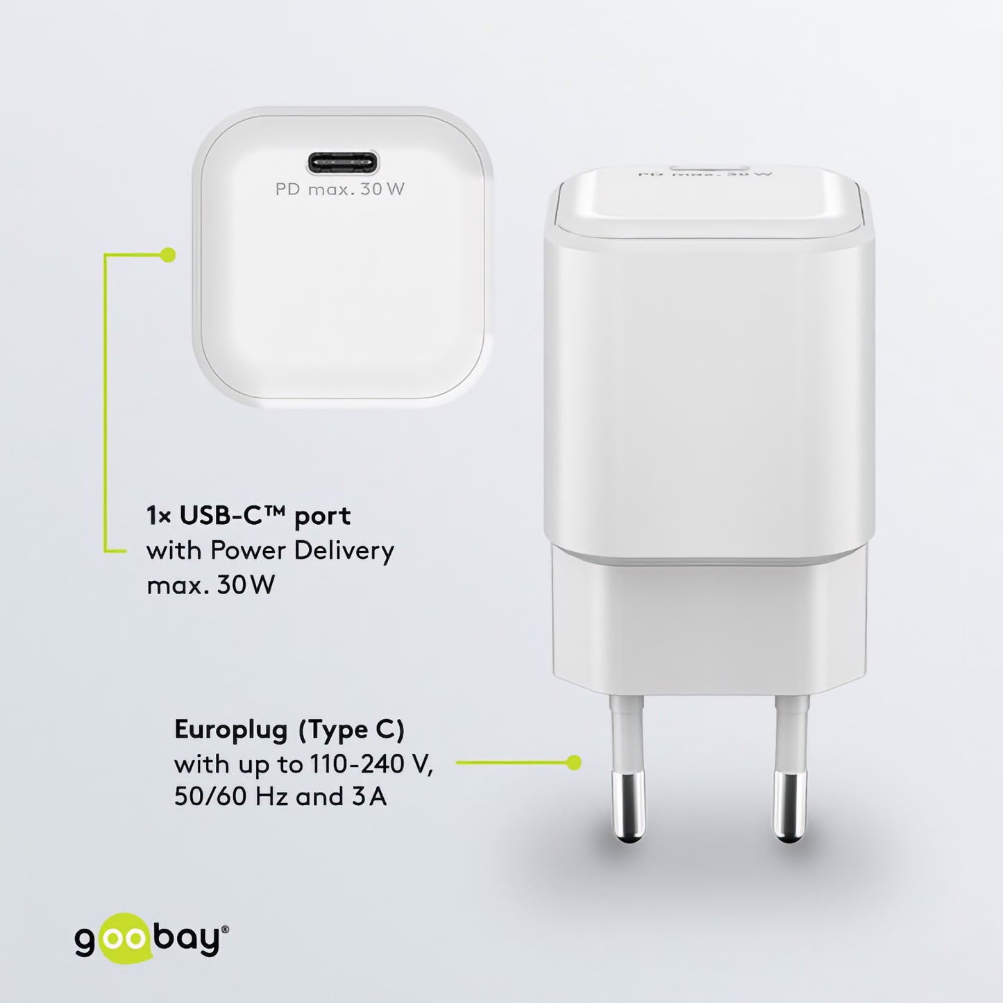 Goobay USB-C PD GaN Schnellladegerät Nano 30 W mit Eurostecker bietet Power Delivery bis zu 30W - perfekt für schnelles, zuverlässiges Laden und ideal fürs MagSafe-Ladegerät. Technische Details sind klar ersichtlich.
