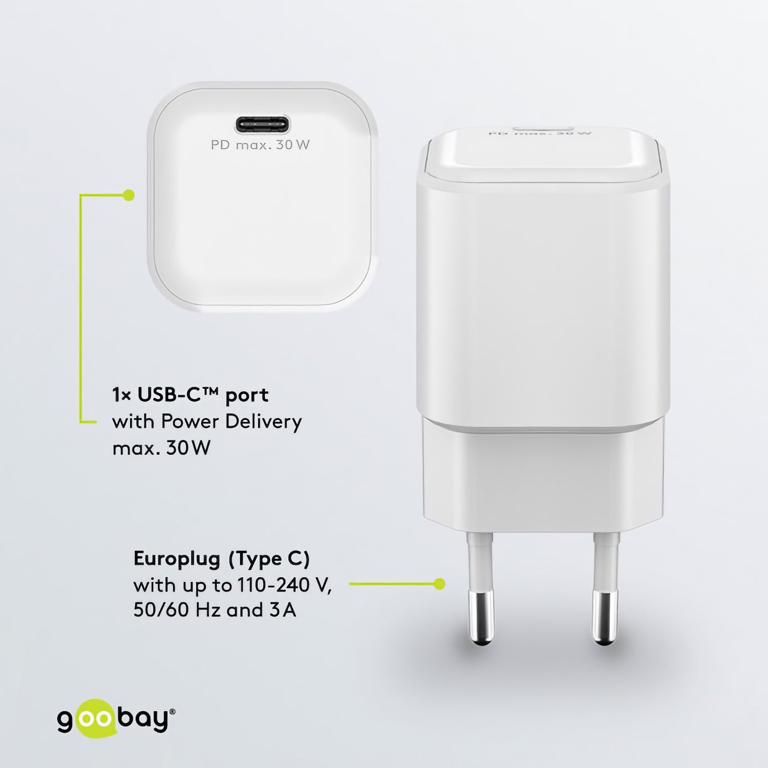 Goobay USB-C PD GaN Schnellladegerät Nano 30 W mit Eurostecker bietet Power Delivery bis zu 30W - perfekt für schnelles, zuverlässiges Laden und ideal fürs MagSafe-Ladegerät. Technische Details sind klar ersichtlich.