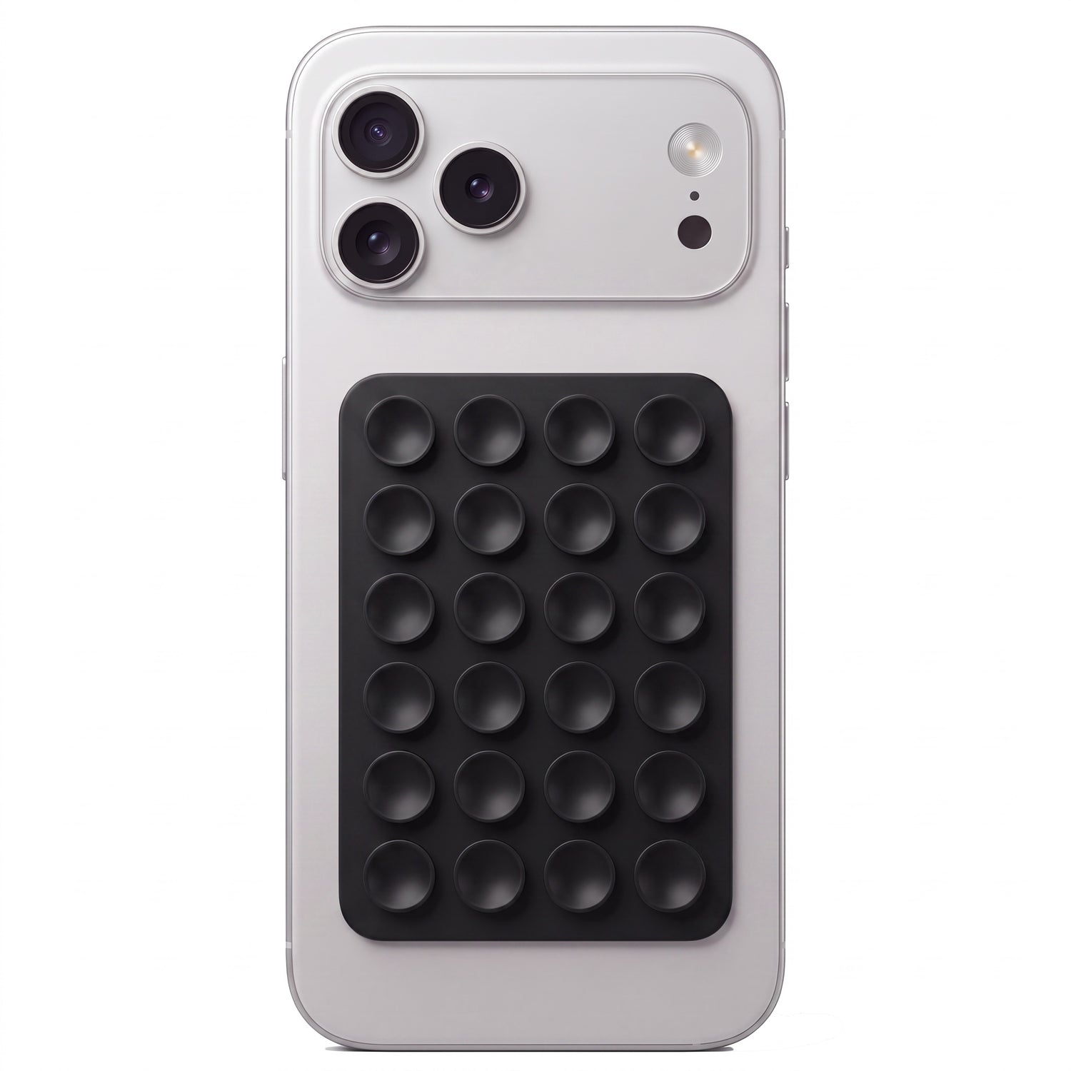 Ein silbernes Smartphone, an dessen Rückseite eine schwarze „Arktis MagSafe“-Saugnapf-Handyhalterung befestigt ist, die gleichzeitig als praktisches „Bubble Pop“-Fidget-Spielzeug dient und so eine bequeme freihändige Nutzung ermöglicht.