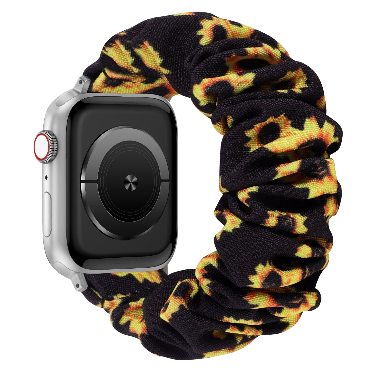 Das arktisband Apple Watch Armband "Elanora" hat ein schwarzes Band im Scrunchie-Stil mit einem gelben Sonnenblumenmuster, das aus dehnbarem Nylon für Komfort und Stil gefertigt ist.
