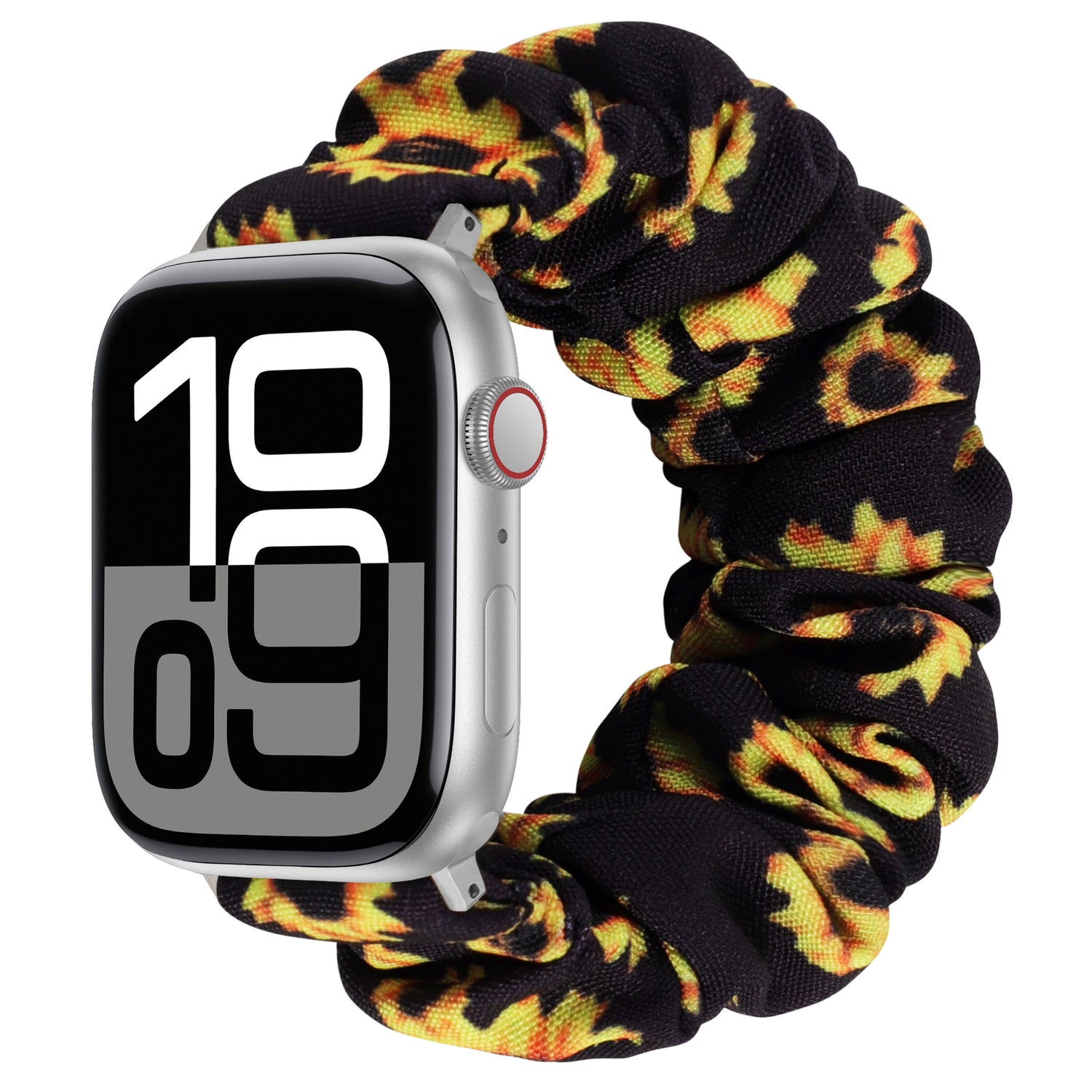 Das arktisband Apple Watch Armband "Elanora" besteht aus einem schwarzen Sonnenblumenband aus dehnbarem Nylon, gepaart mit einer silbernen Smartwatch mit großen weißen Zahlen.
