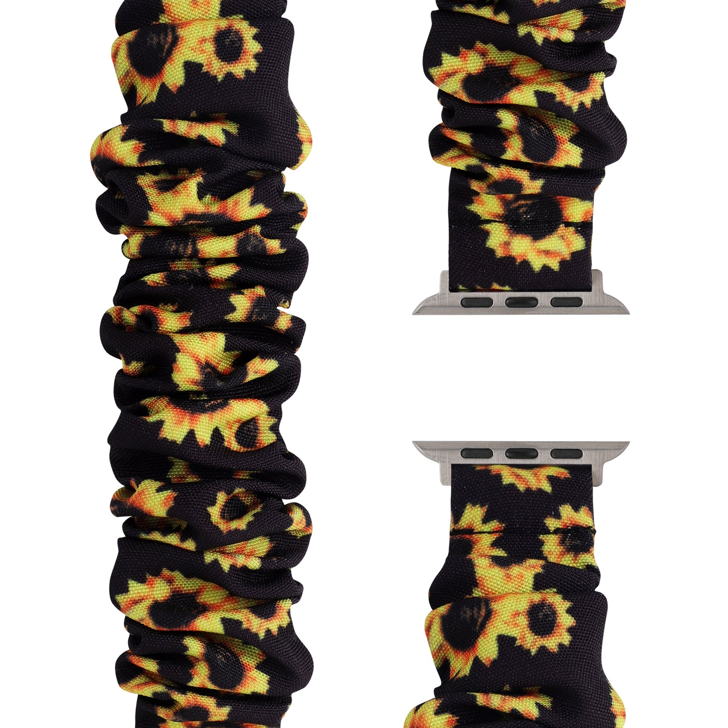 Das arktisband Apple Watch Armband "Elanora" ist ein schwarzes Band im Scrunchie-Stil aus dehnbarem Nylon mit einem leuchtend gelben Sonnenblumenmuster, das aus verschiedenen Blickwinkeln gezeigt wird.