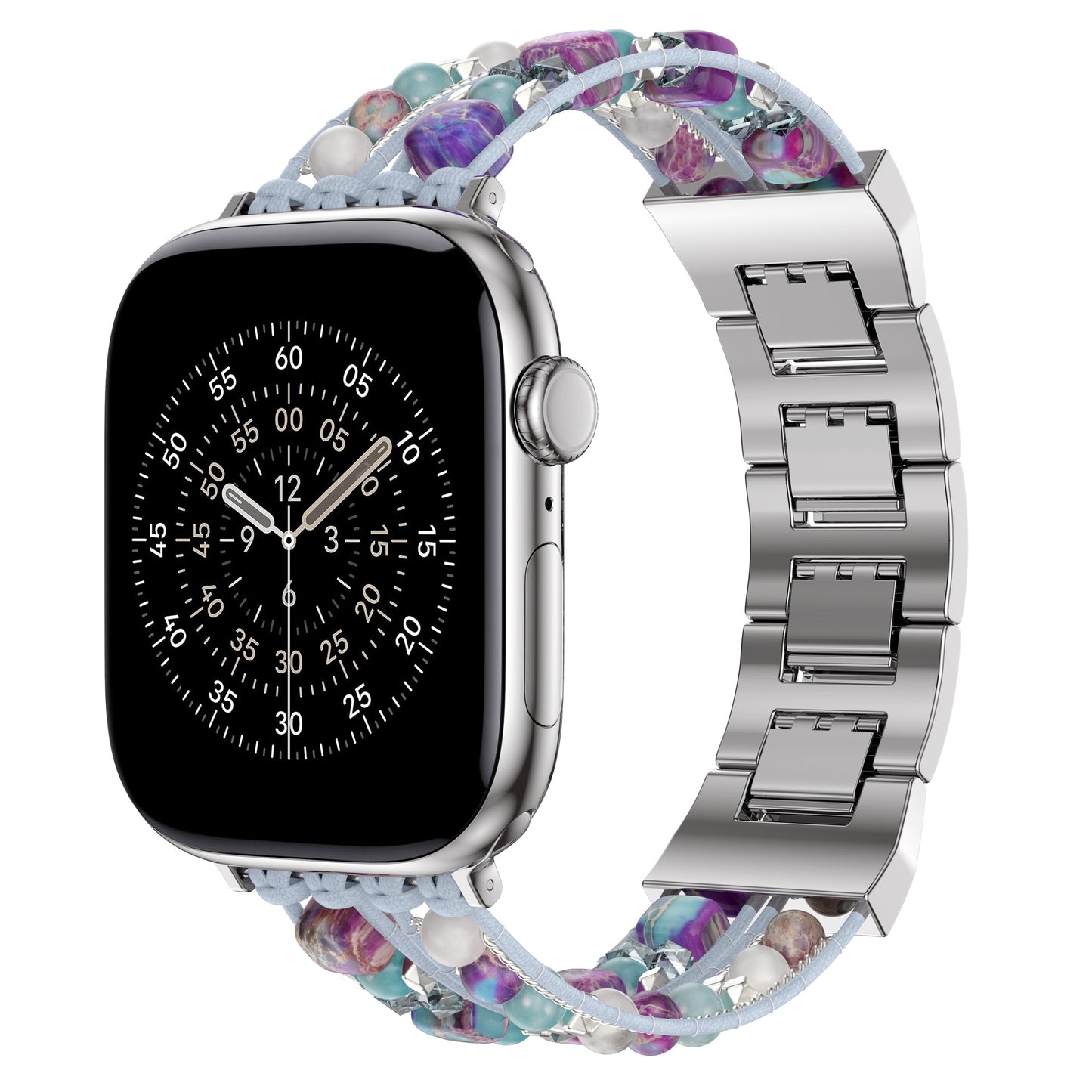 Das arktisband Apple Watch Armband "Sunset Spirit" bietet einen runden analogen Look mit bunten Perlen, silbernen Metallgliedern und einem Edelstahladapter für einen einzigartigen Boho-Stil - perfekt, um Ihre Apple Watch individuell zu gestalten.