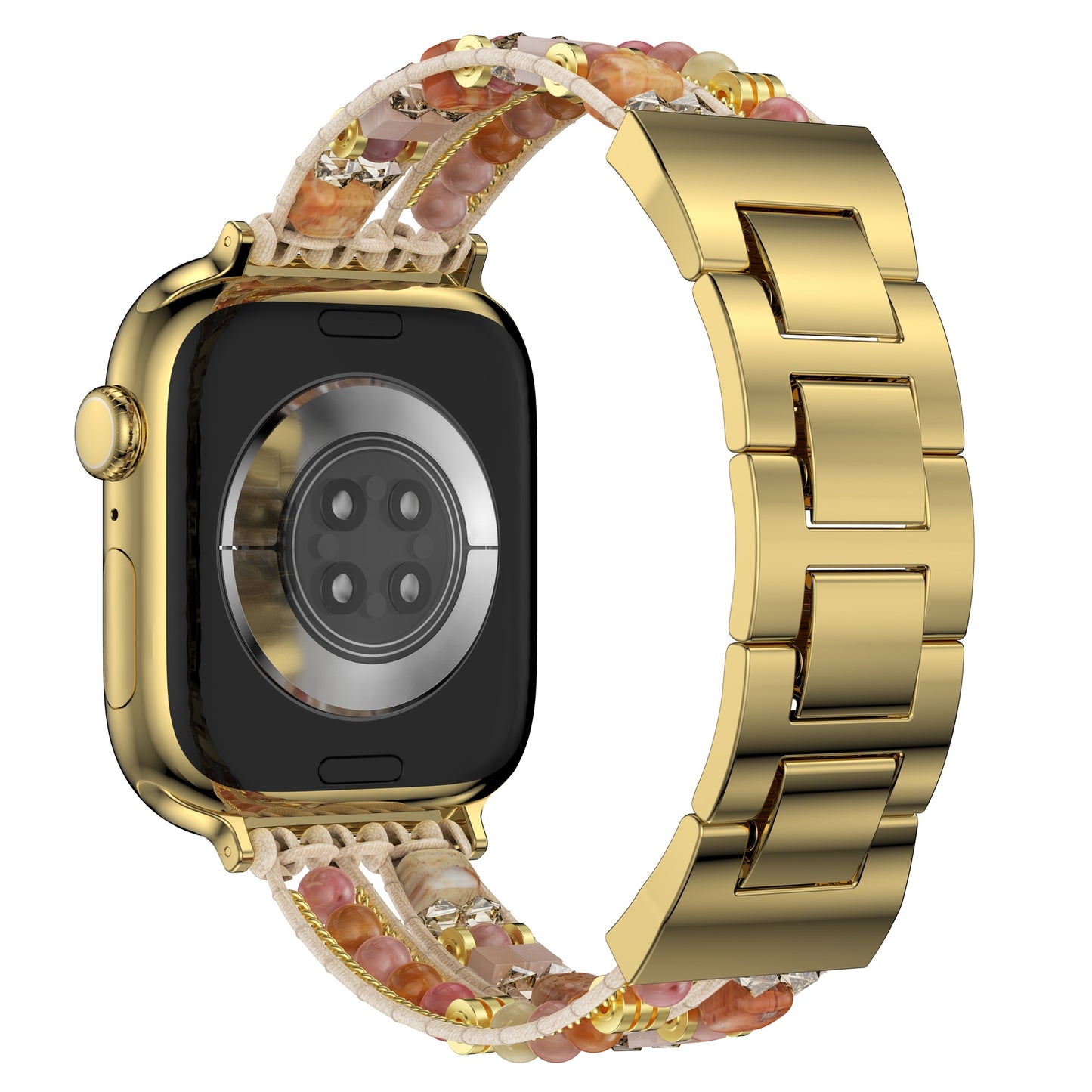 Das arktisband Apple Watch Armband "Sunset Spirit" von arktisband zeigt sich von der Rückseite und besticht durch ein dekoratives Boho-Design mit Perlen, großen goldenen Gliedern und einem sicheren Edelstahladapter für Ihre goldene Smartwatch.