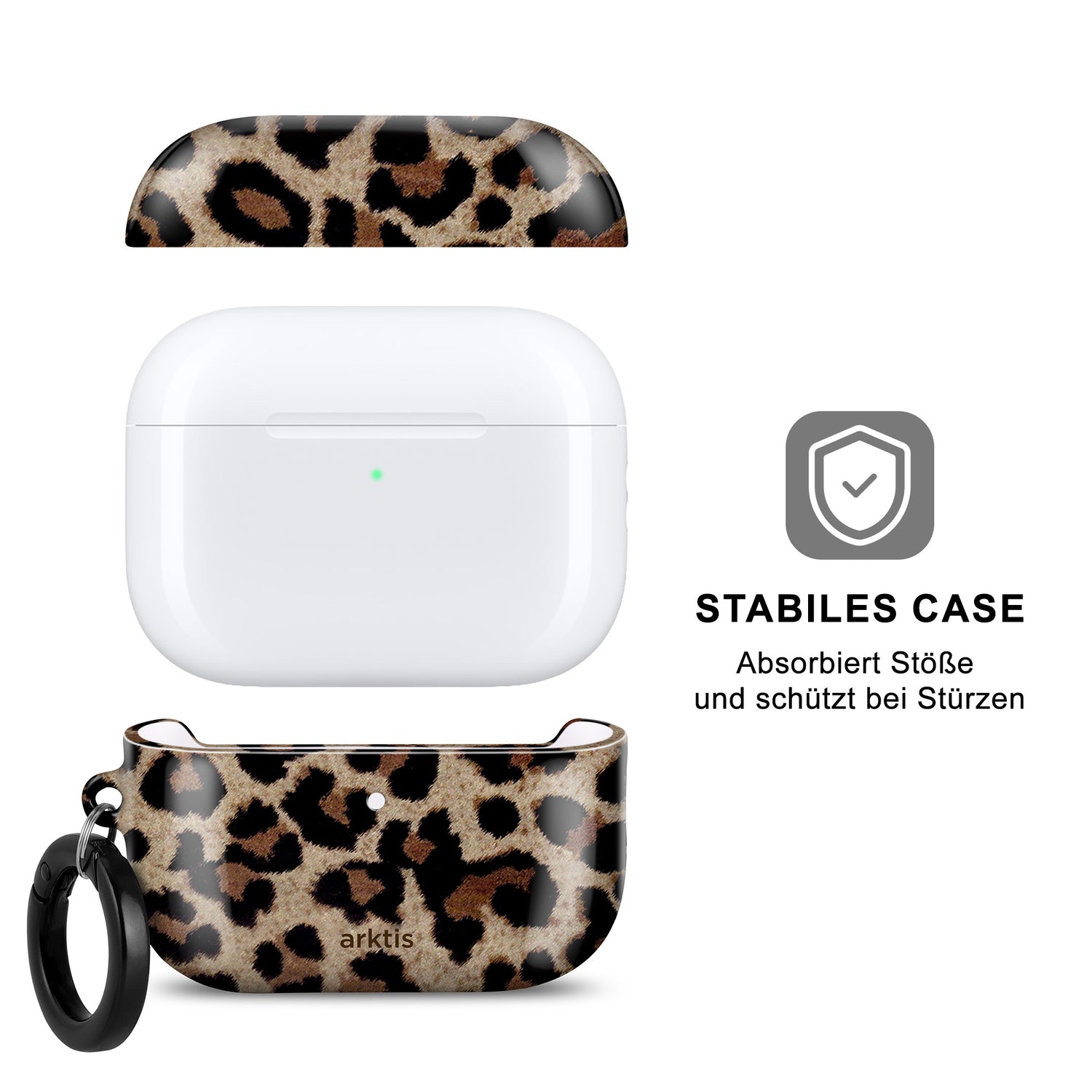 Die arktis AirPods Pro 3 Hülle – Sweet Leopard von arktis, hier im geöffneten und geschlossenen Zustand abgebildet, ist eine robuste Schutzhülle mit Schlüsselring, die das kabellose Laden ermöglicht.