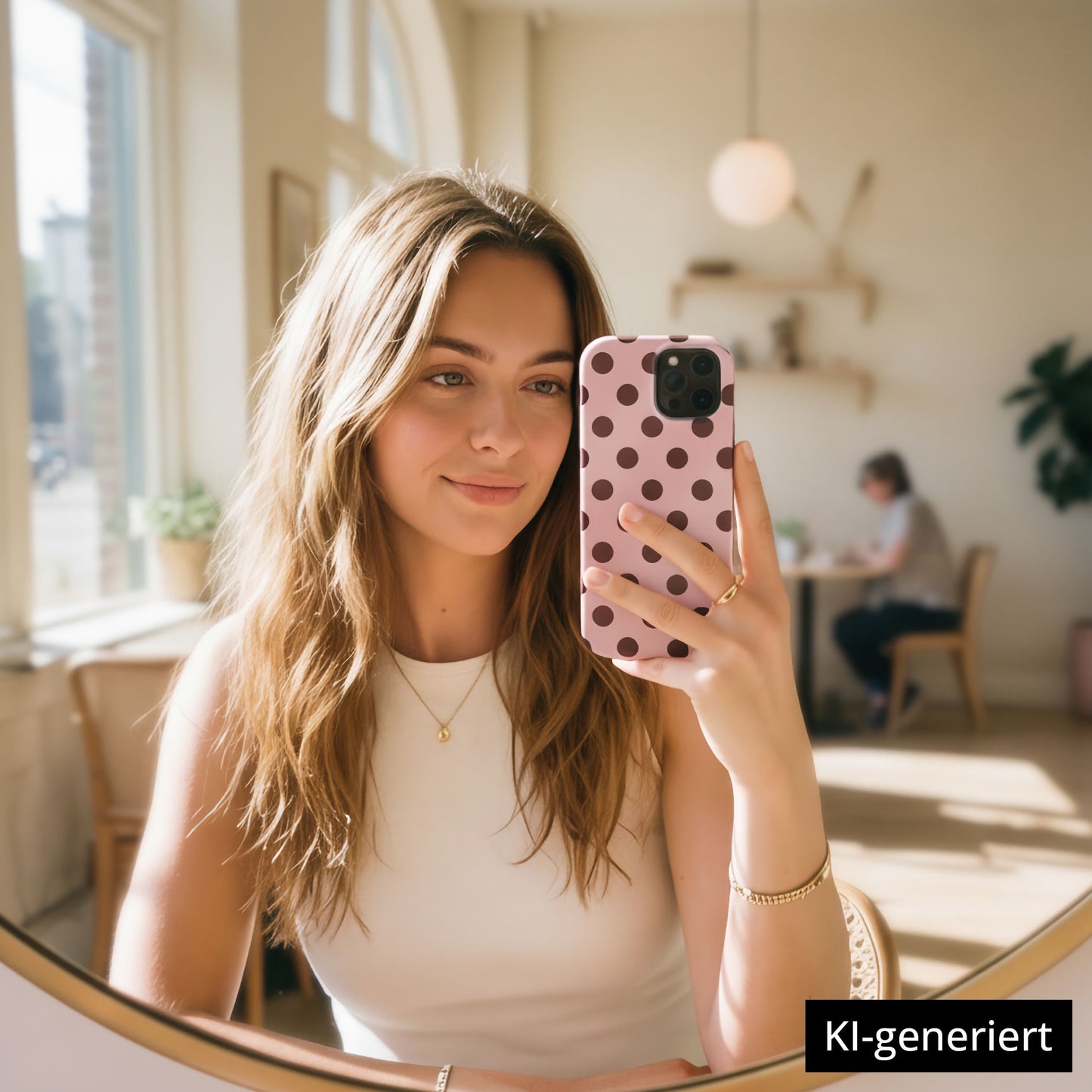 Eine junge Frau macht ein Selfie in einem hellen Café und hält ihre arktis iPhone 16 Hülle - Sweetie mit MagSafe Kompatibilität, stoßabsorbierendem TPU-Silikon sowie stylischen schwarzen Polka Dots auf pinkem Hintergrund. KI-generiert.