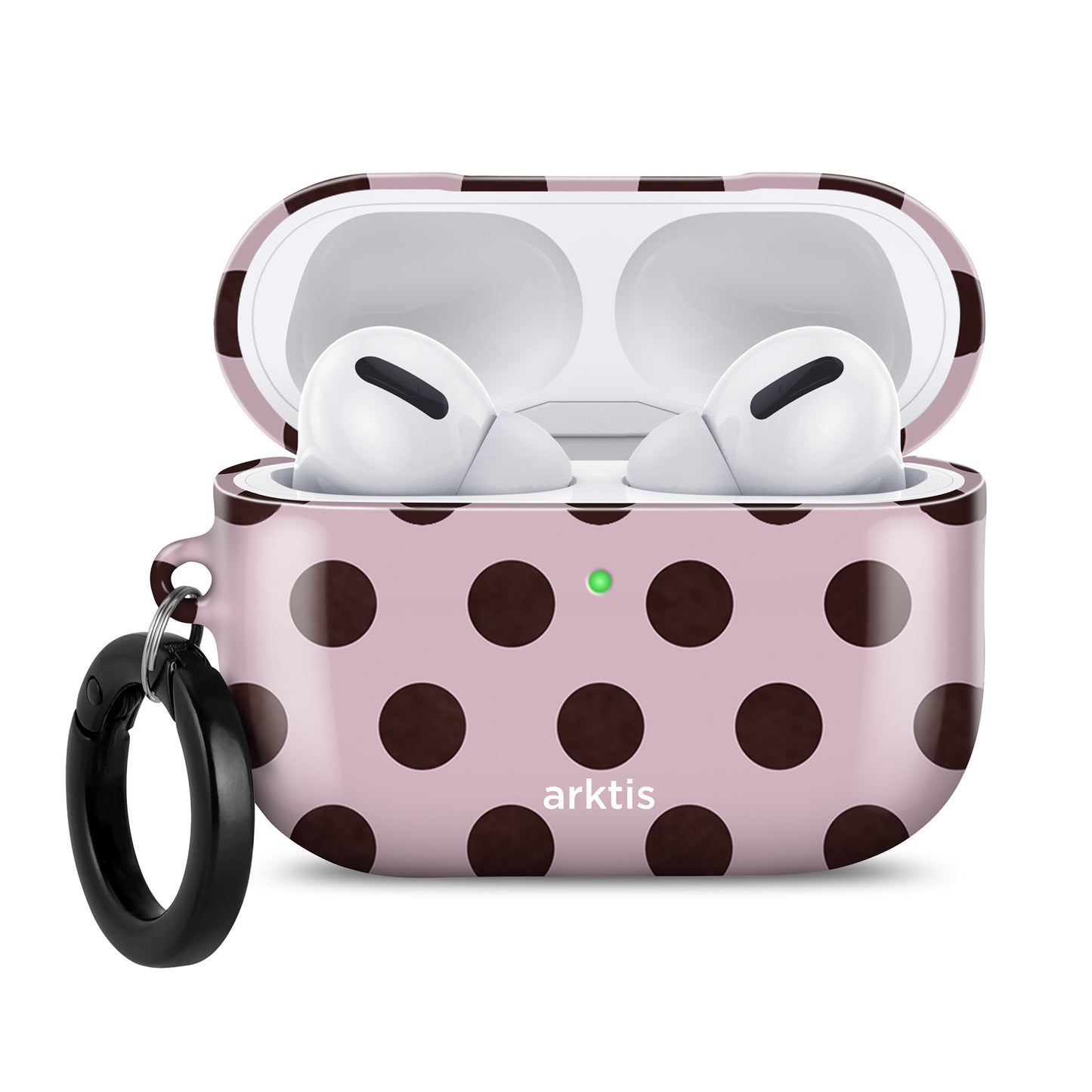 Die „arktis AirPods Pro 3 Hülle – Sweetie“ von arktis ist eine rosa Hülle mit Punkten und einem schwarzen Schlüsselring, die für das kabellose Laden und den Schutz Ihrer AirPods Pro 3 konzipiert ist. Im Inneren sind weiße Ohrhörer abgebildet.