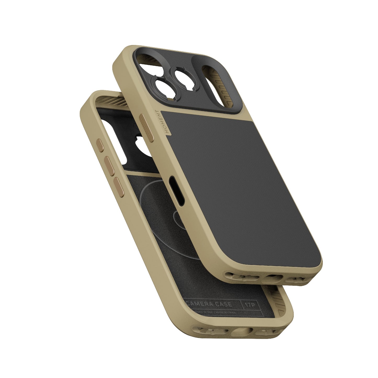 Zwei MOMENT Moment iPhone 17 Pro Max Camera Case MagSafe-Hüllen in Beige und Schwarz mit präzisen Kamera-Ausschnitten überlappen sich auf weißem Hintergrund.