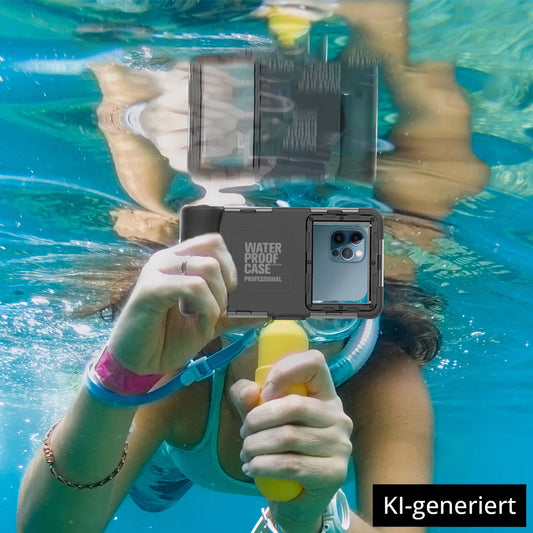 Unter Wasser hält eine Person das Sonstige Diving Case Unterwasser Haltegriff, während um sie herum Blasen und Spiegelungen schimmern. KI-generiert.