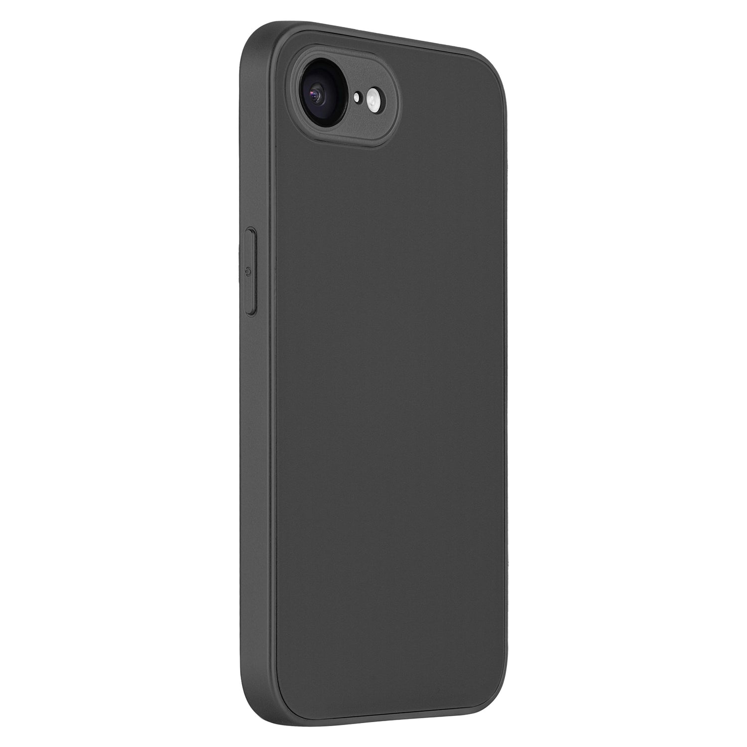 The arktis iPhone 16e Tech Case is shown on a black smartphone, angled to reveal the rear camera and side buttons. Its smooth, minimalist design features Camerashutz for added protection, with no visible logos or patterns.