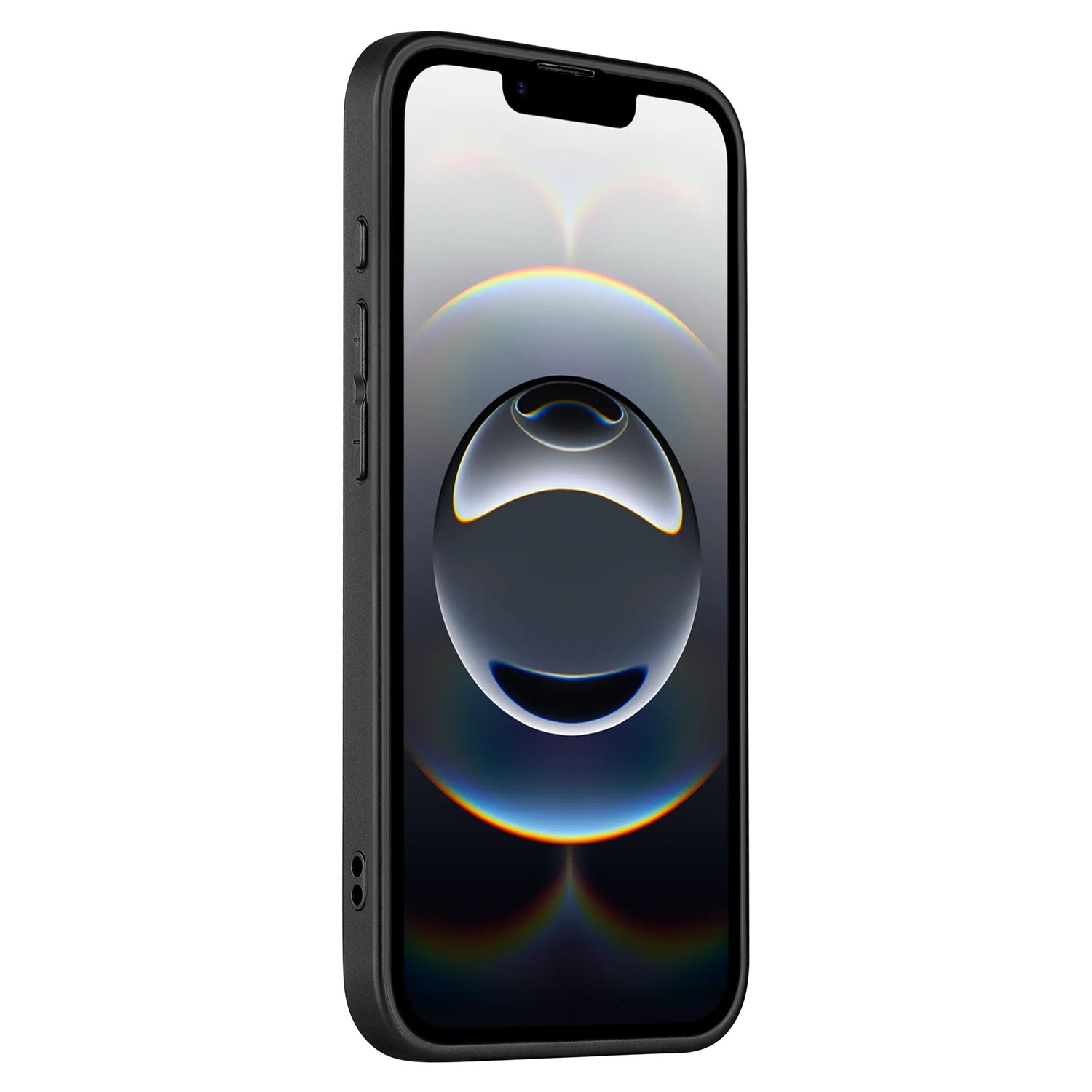The arktis iPhone 16e Tech Case, shown from a front-side angle against a white background, is a black smartphone case with robust AG-Glas and Kameraschutz, featuring an abstract circular wallpaper on the screen.