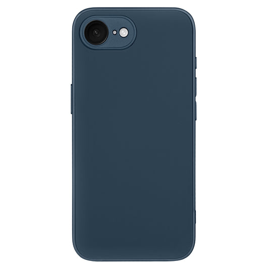 The arktis iPhone 16e Tech Case, shown in dark blue with a smooth matte finish and rounded edges, covers an iPhone from the back. It features AG-Glas Kameraschutz for the single camera lens and flash in the top left corner.