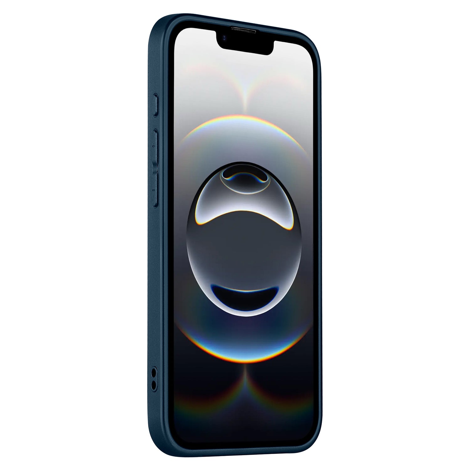 The arktis iPhone 16e Tech Case is shown on a modern smartphone with a dark blue frame, standing upright at an angle. The screen displays a futuristic abstract sphere with reflections and gradient colors.