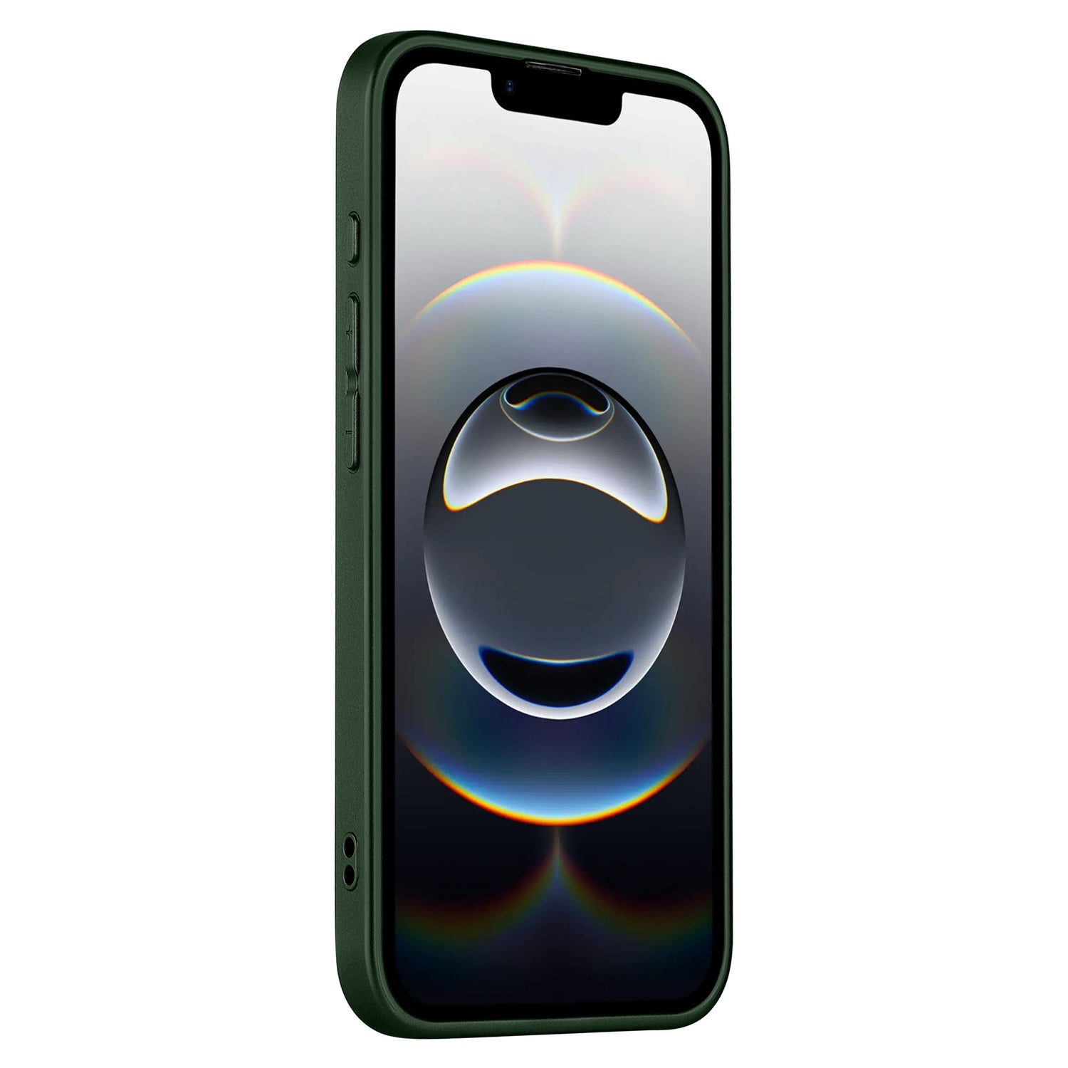 Ein grünes Arktis iPhone 16e Tech Case aus stoßdämpfendem TPU-Silikon ist schräg abgebildet. Der Smartphone-Bildschirm zeigt ein digitales abstraktes Design mit kreisförmigen Formen, und am linken Rand sind Seitentasten sichtbar.
