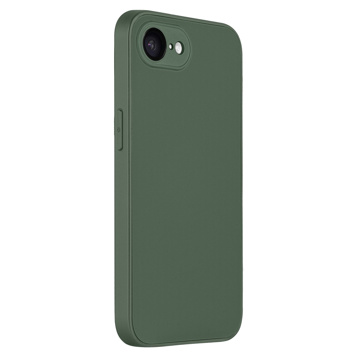 Das arktis iPhone 16e Tech Case aus stoßabsorbierendem TPU-Silikon in Dunkelgrün schützt Rücken und Seiten des Smartphones, während Kamera und AG-Glas-Blitzmodul sichtbar bleiben.