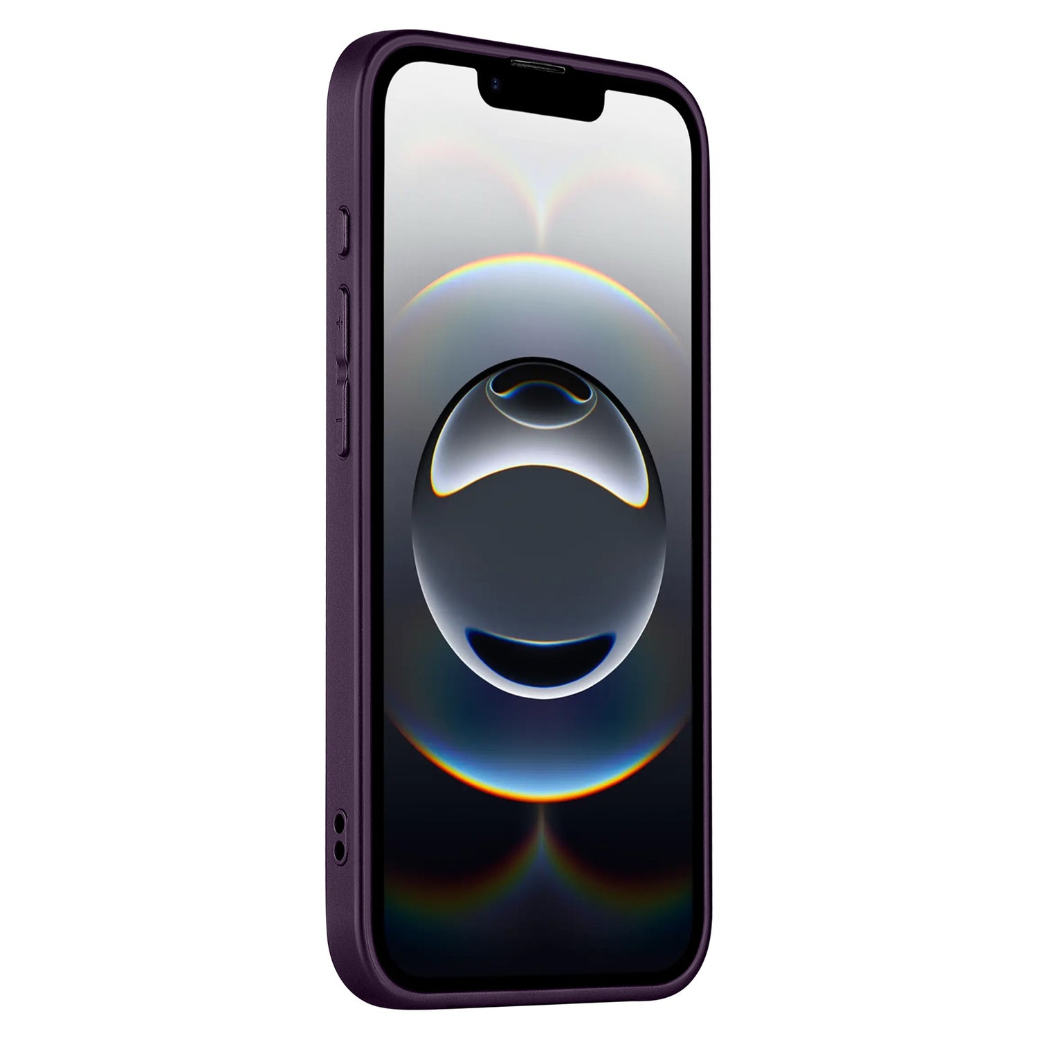 Ein arktis iPhone 16e Tech Case aus stoßabsorbierendem TPU-Silikon in Dunkellila schützt ein aufrecht stehendes Smartphone. Das Display zeigt ein kreisförmiges, abstraktes Design mit Reflexionen und Farbverläufen auf dunklem Hintergrund.